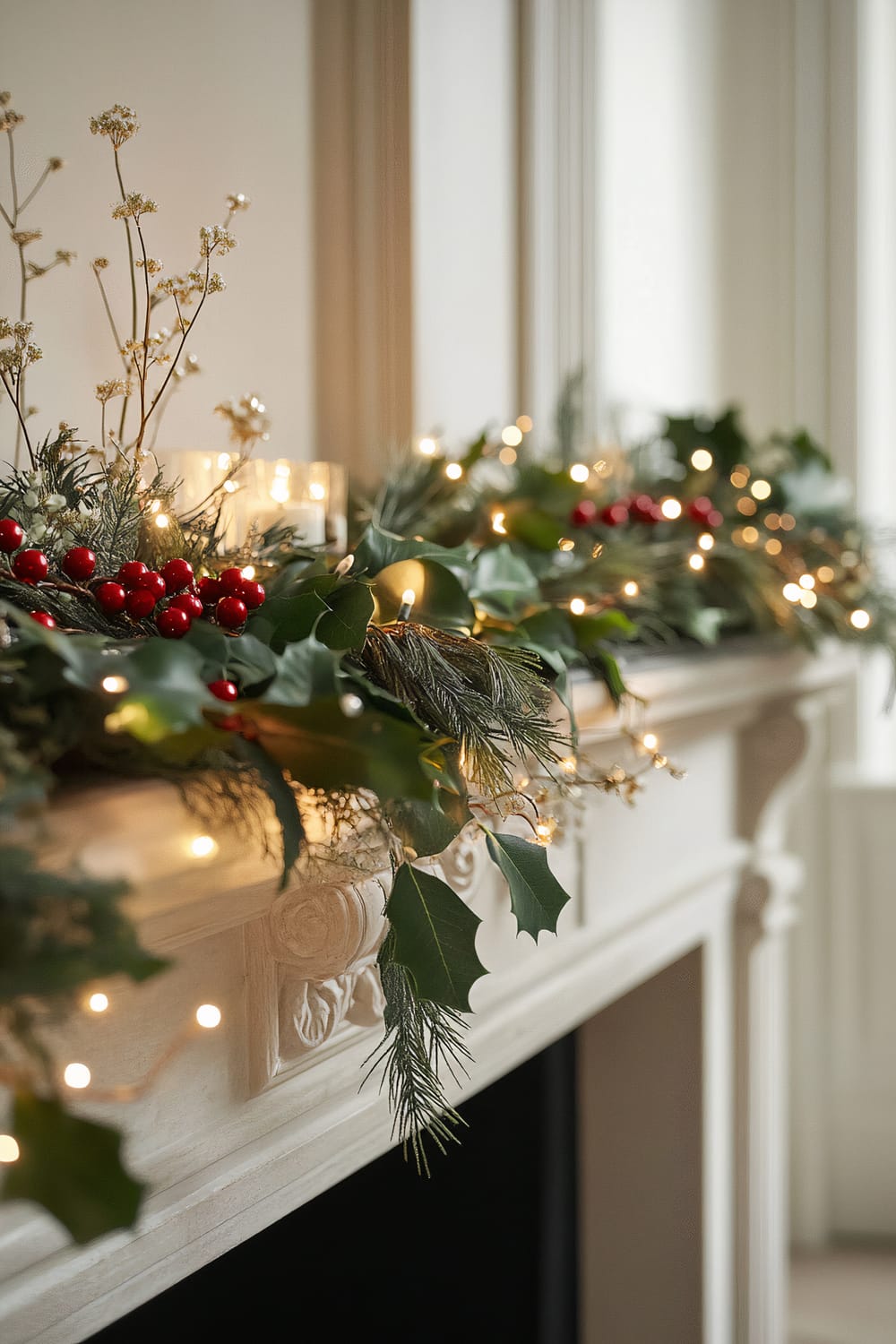 A detailed close-up of a fireplace mantel decorated with Christmas greenery, red berries, and fairy lights. The mantel has intricate carvings and holds a mix of pine branches, holly leaves, delicate dried flowers, and glowing string lights that create a warm, festive ambiance.