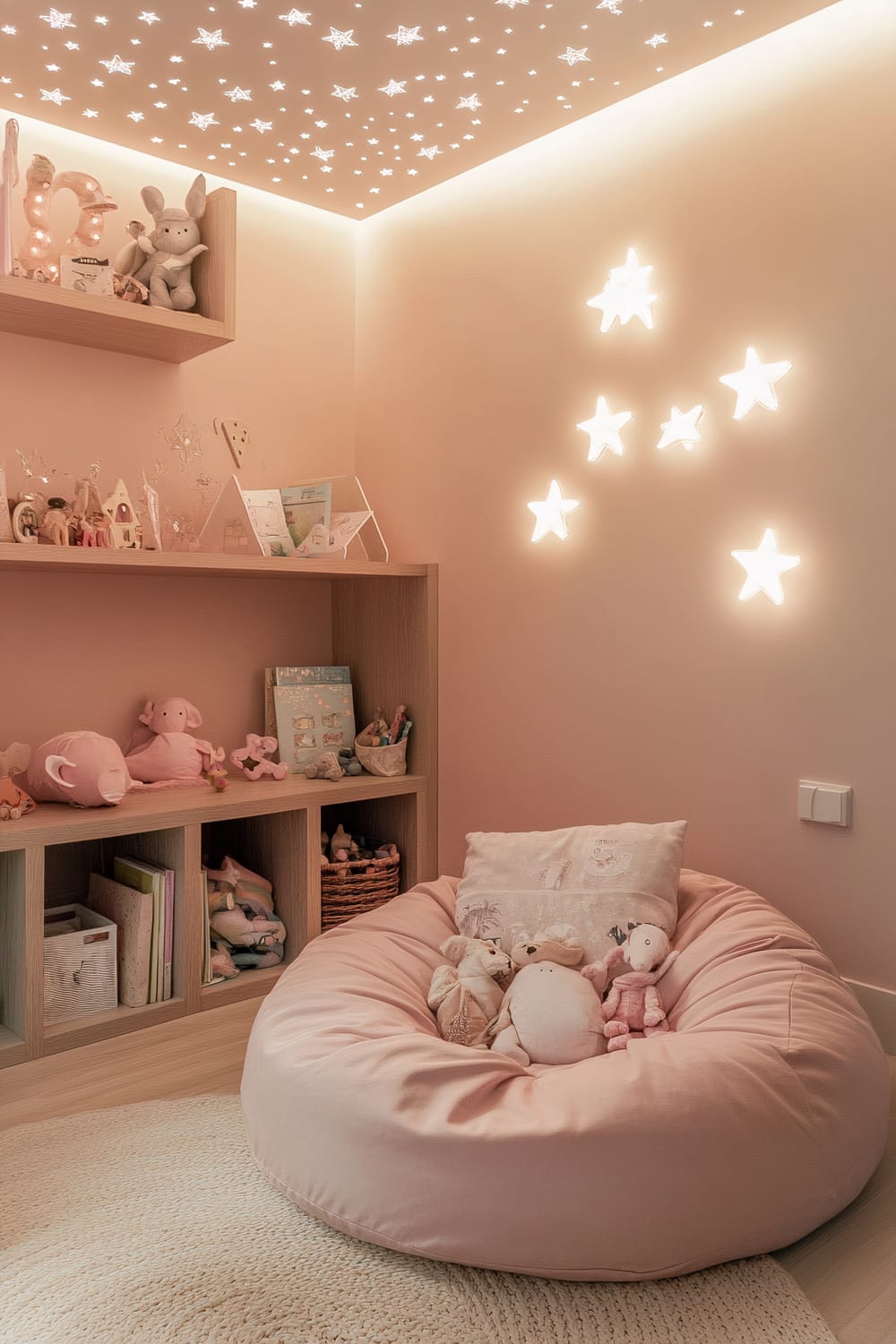 A whimsical playroom with a dreamy space theme. The room features soft pink walls and a ceiling adorned with glow-in-the-dark star stickers. A soft blush pink bean bag is placed in the corner, topped with various plush toys and a cushion. Adjacent to the bean bag is a low wooden shelving unit holding neatly organized books and space-themed toys. Star-shaped night lights are mounted on the wall, adding to the calming and inviting atmosphere.