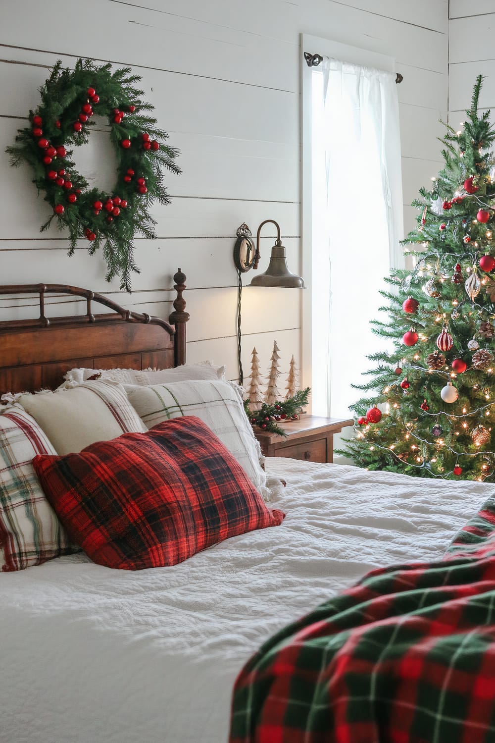 A rustic bedroom is decorated for the holidays with a wooden headboard, plaid pillows and blanket on a white bedspread, a garland wreath with red berries on the wall, a Christmas tree with ornaments, and two wooden Christmas tree decorations on a bedside table.