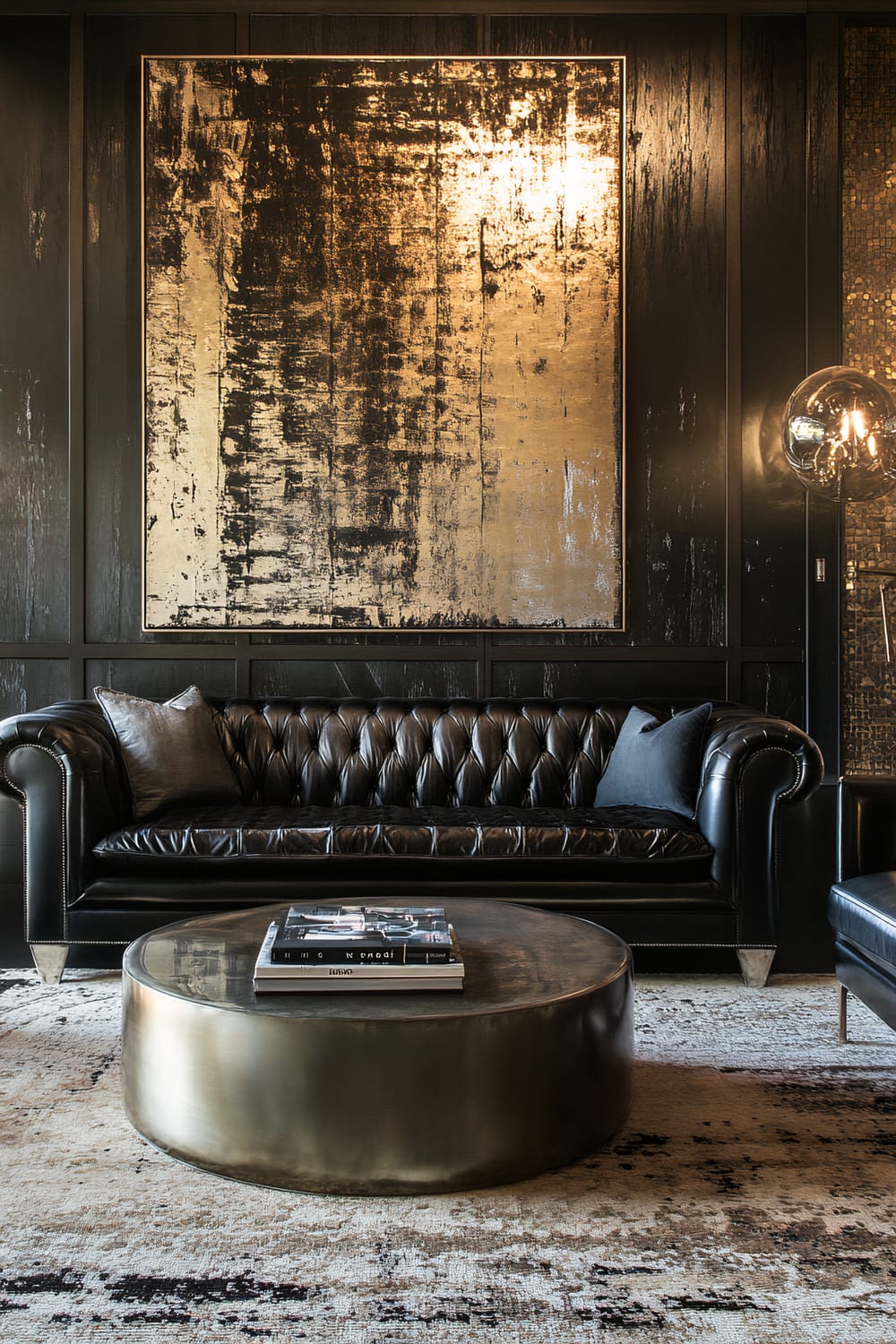 A luxurious living room with a black leather sofa, a round metallic coffee table, and a large abstract painting in gold tones on a dark paneled wall.