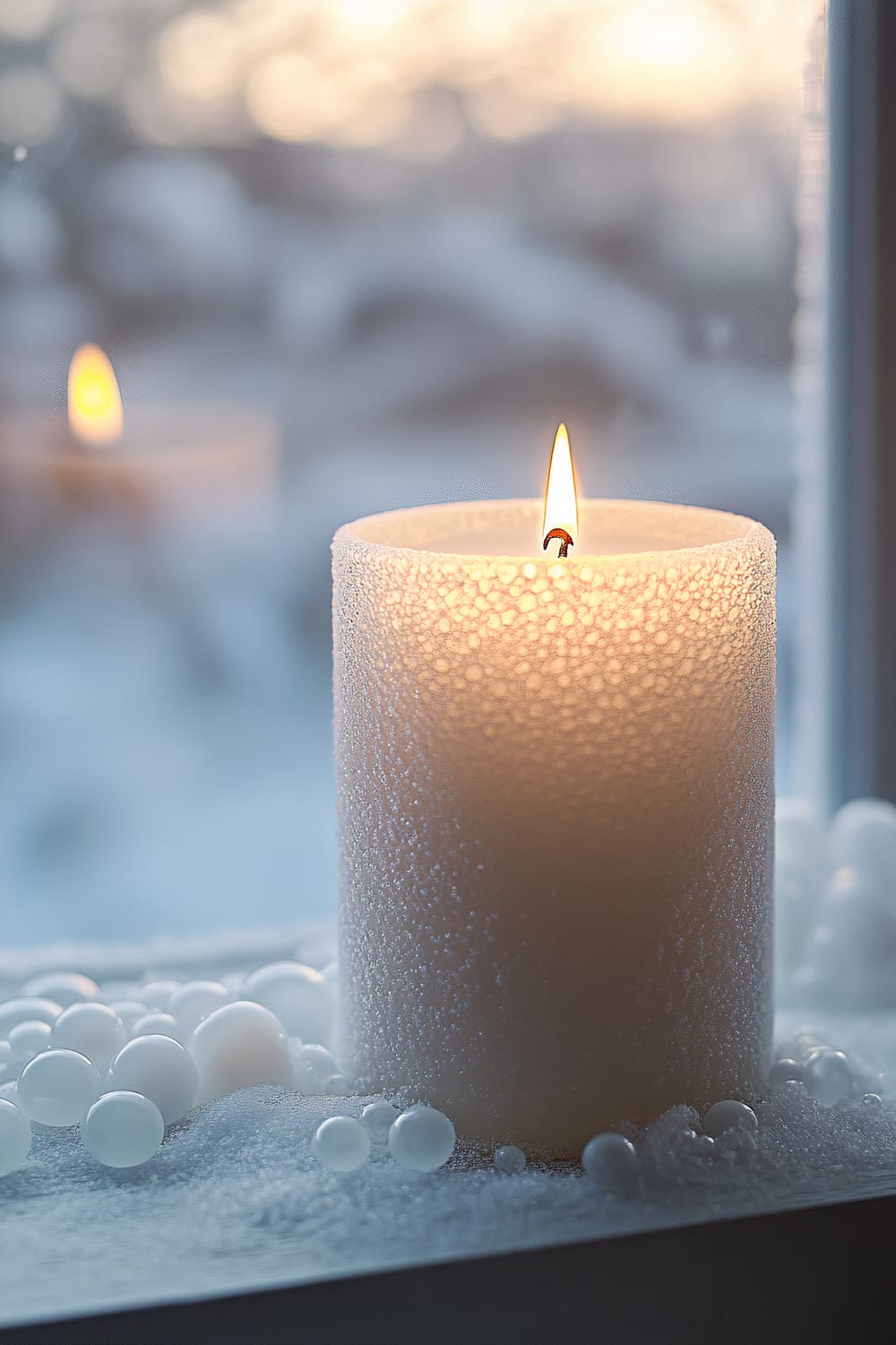 A single white pillar candle with a frosted texture is lit and placed on a windowsill. Surrounding the candle are delicate, white glass droplets. In the background, a soft-focus snowy landscape is visible through the window, creating a warm and minimalist ambiance.