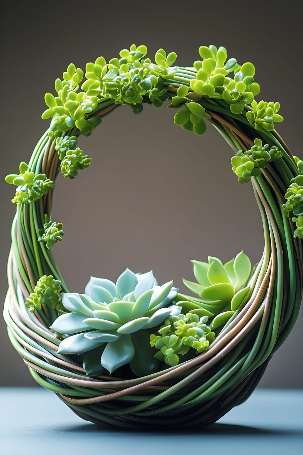 A tabletop arrangement featuring a green succulent surrounded by lush leafy plants, all housed in a woven basket.