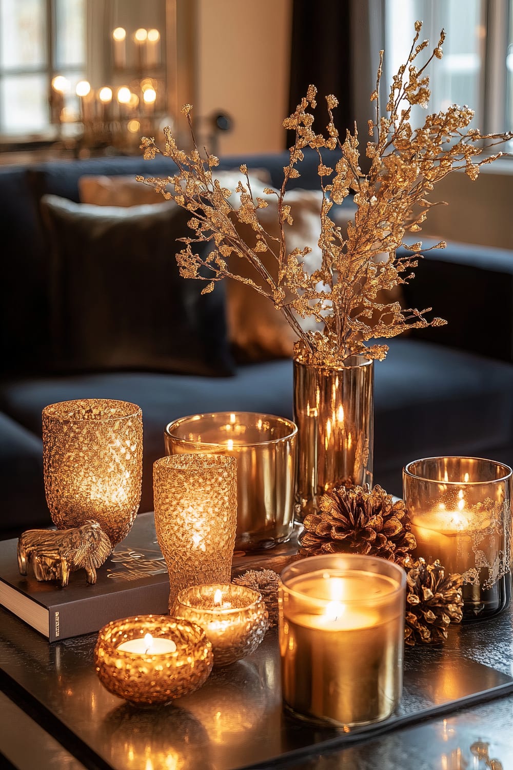 An arrangement on a coffee table featuring various gold-accented decor pieces and candles in autumn hues. The items include golden-textured candle holders, a gold-finished vase with gold branches, pinecones, and other decorative items. The lighting creates strong highlights and shadows, emphasizing the glowing autumnal ambiance.