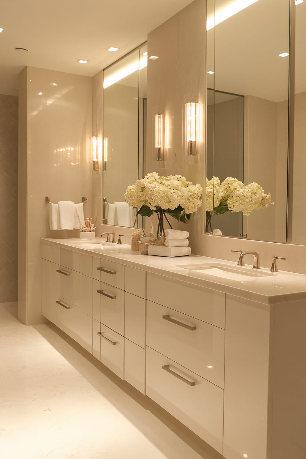 A modern, luxurious bathroom with a double sink vanity featuring white countertops and cabinetry. The vanity area is adorned with two identical, large mirrors and is lit by modern wall sconces on either side. A vase of white hydrangeas sits on the countertop beside neatly folded white towels. The backdrop is a serene beige color, and the floor appears to be made of polished marble tiles.