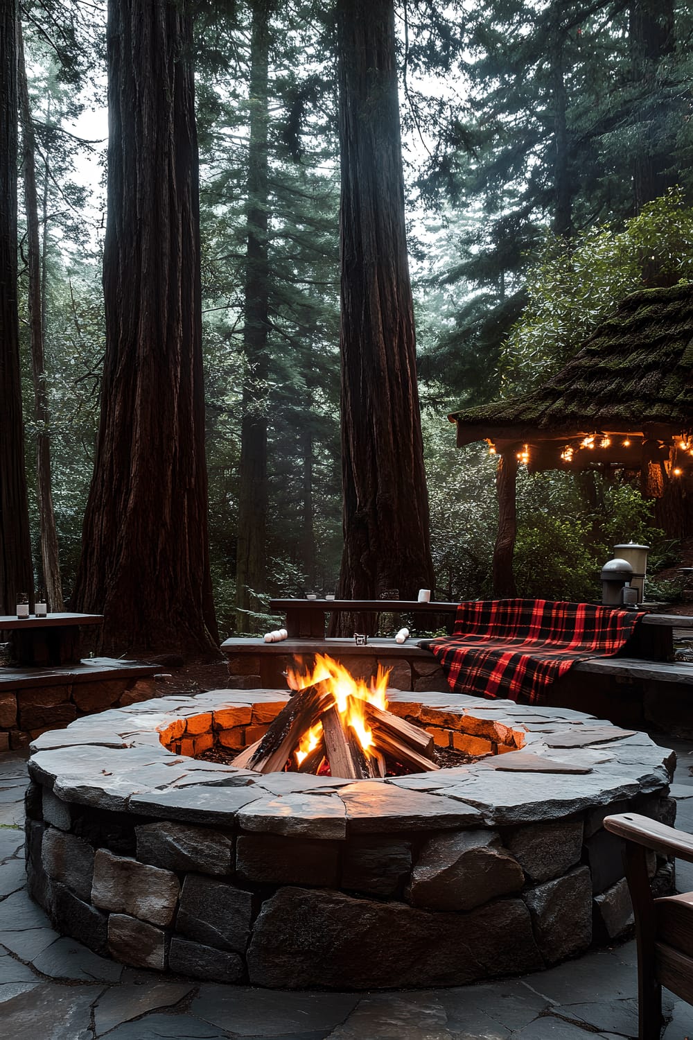 An inviting outdoor gathering area in a woodland setting showcasing a rustic stone fire pit situated in the centre. The fire pit is surrounded by low, stone built benches adorned with plaid blankets. Tall redwood trees envelope the scene, casting tall, dark silhouettes against the twilight sky. The flickering flames illuminate the immediate surroundings, casting a golden glow on the stone structures and revealing marshmallows being roasted over the open fire.