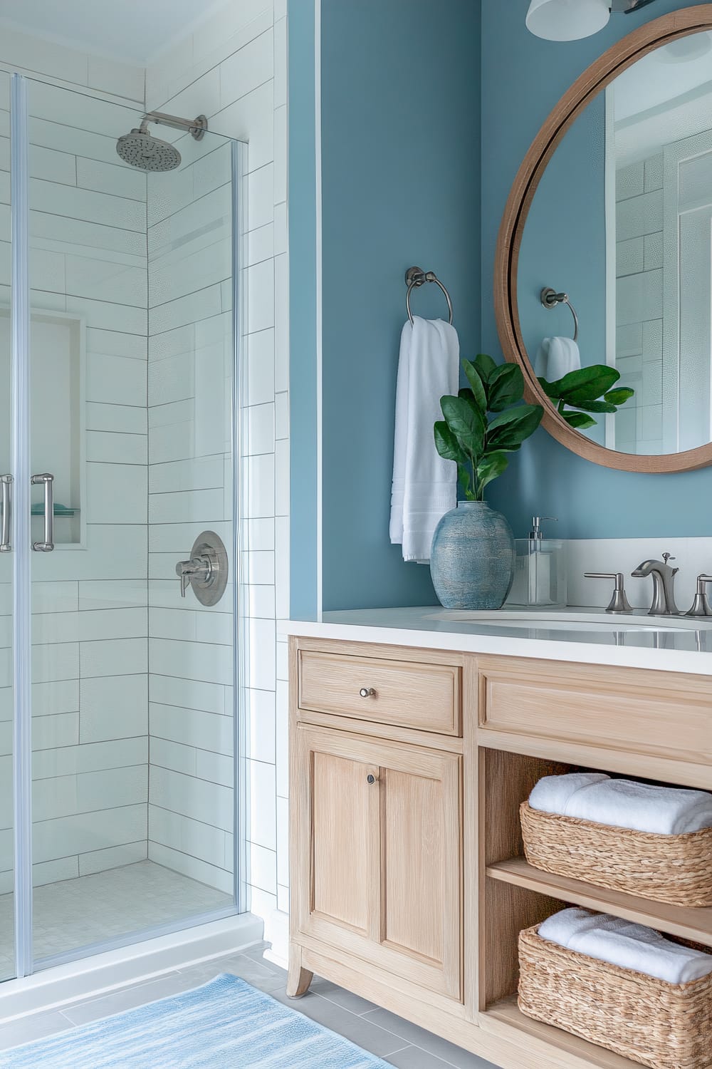 A bright and modern bathroom featuring a glass-enclosed shower with white subway tiles, a wood-framed round mirror above a wood vanity with white countertop, a potted plant, and stainless steel fixtures. The vanity has storage space with wicker baskets holding towels and a blue striped rug on the gray-tiled floor.