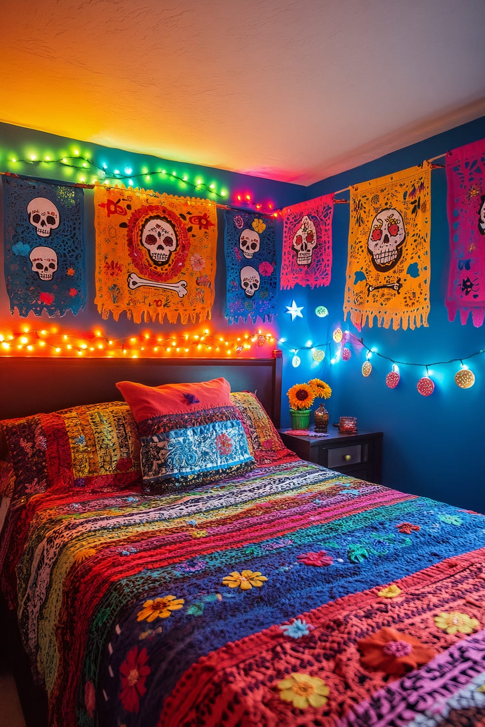 A vibrant bedroom with blue walls, decorated with colorful papel picado banners featuring skull designs, and string lights. The bed is adorned with a bright, multicolored quilt and several pillows. A nightstand holds a vase of sunflowers and decorative items.