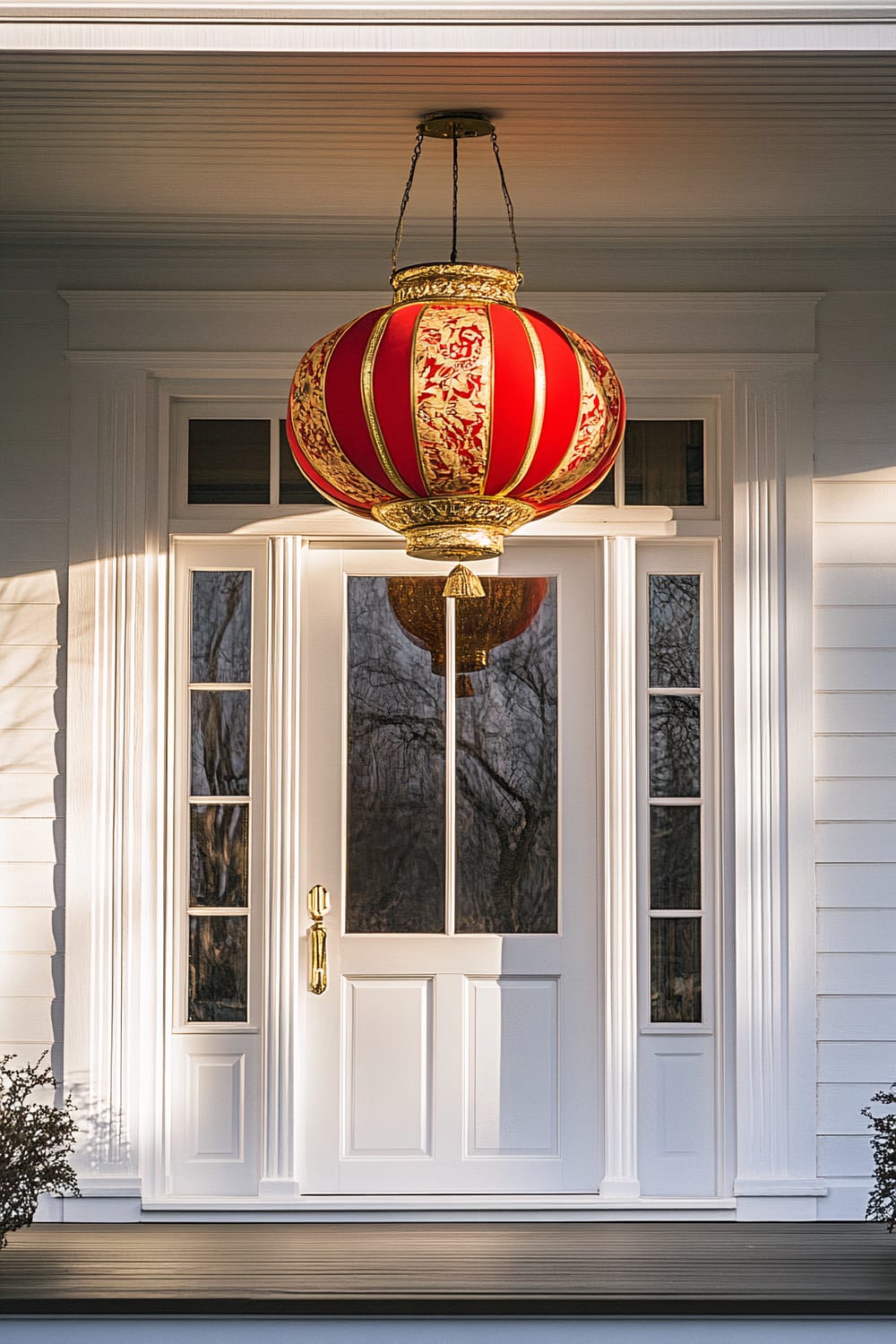 An oversized red and gold lantern hangs above a white porch door, creating a glowing halo effect and bold shadows from intense backlighting.