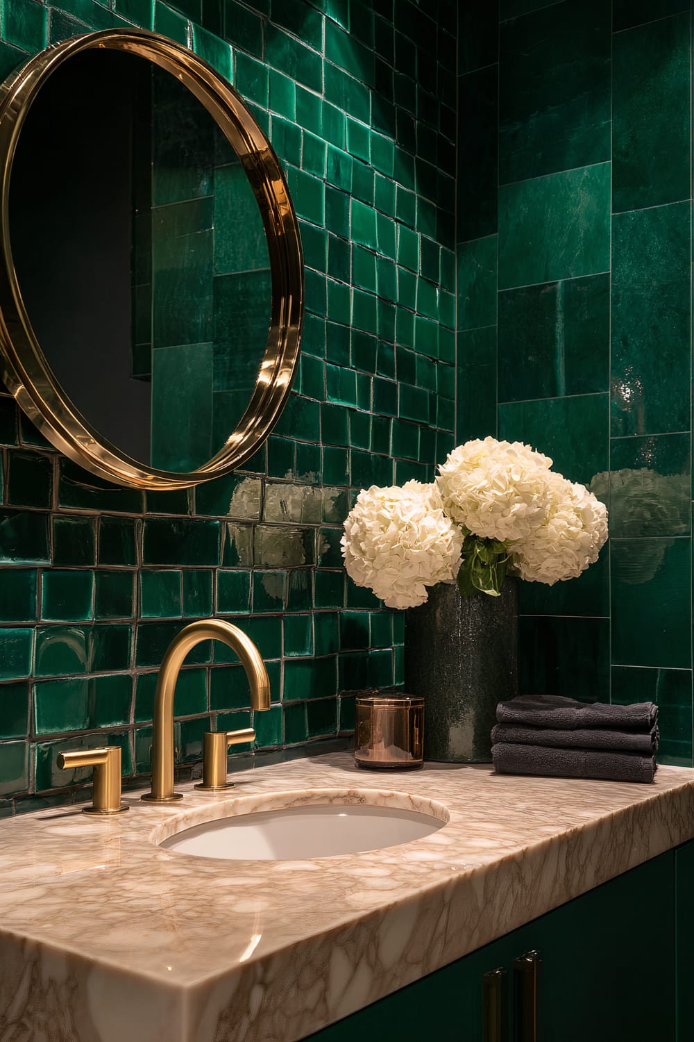 A luxurious bathroom features emerald green tiles on the walls, a marble countertop with a vessel sink, and gold fixtures, including a round mirror. A vase with white hydrangeas and a stack of dark towels are placed on the countertop, adding elegance to the space.