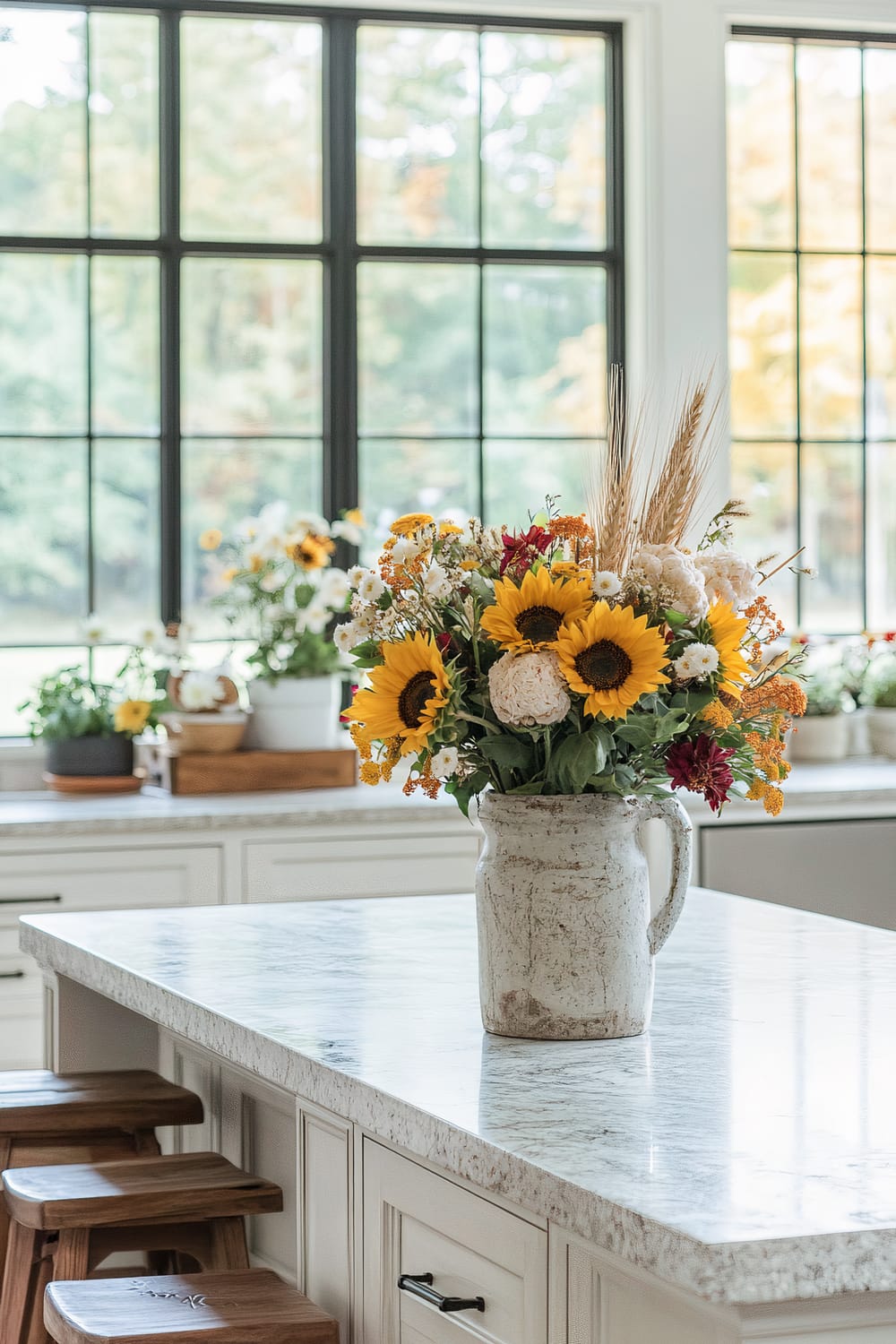 A bright kitchen with large windows featuring black frames, allowing natural light to flood in. In the foreground, a white granite countertop island has a rustic ceramic jug filled with a vibrant bouquet of sunflowers, white chrysanthemums, red dahlias, and dried wheat stalks. In the background, potted plants and flowers are placed on the windowsill and another portion of the countertop.