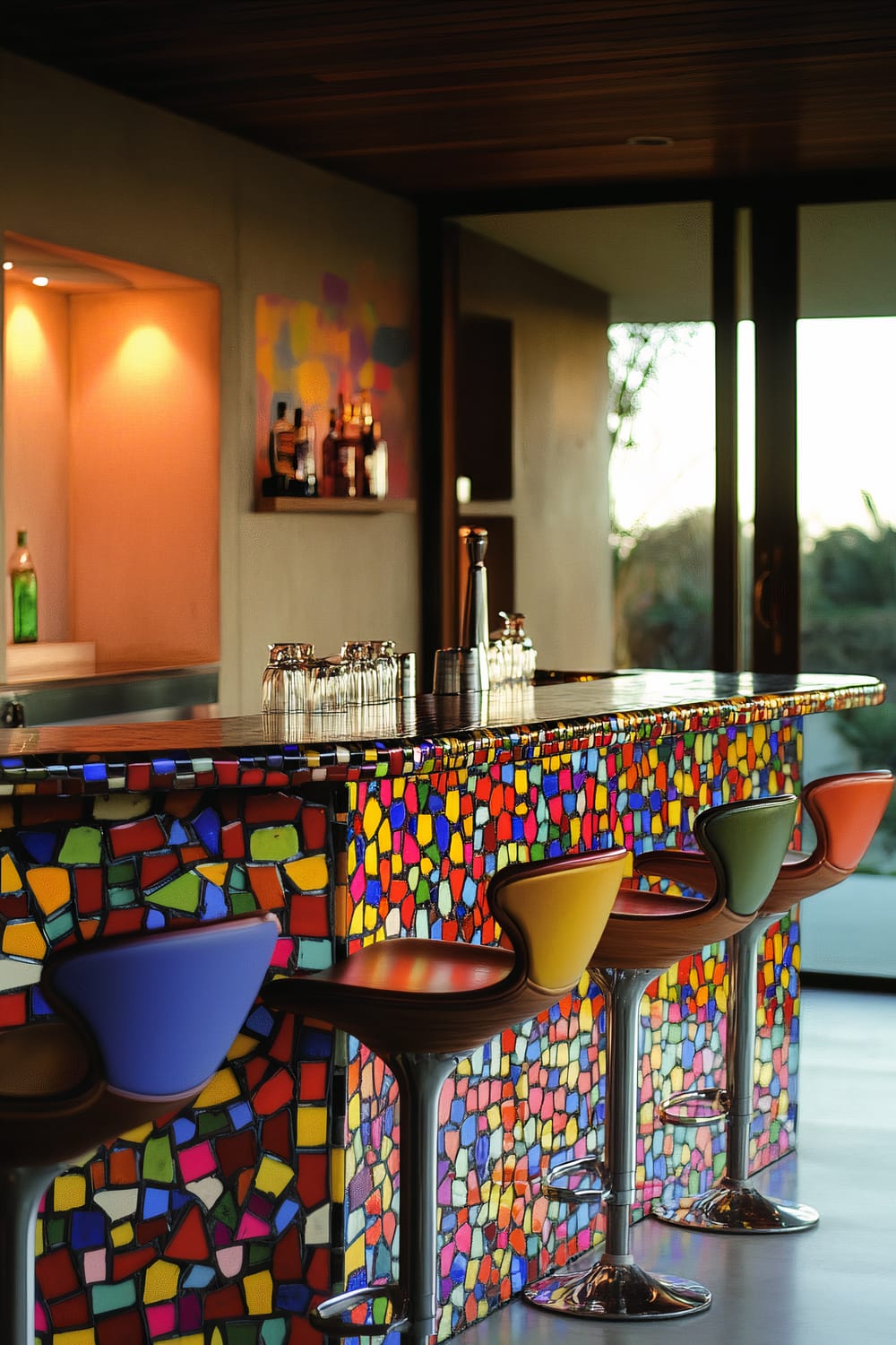 A stylish wet bar in a 1957 Pacific Palisades living room features vibrant technicolor tiles. The bar counter is sleek with colorful high stools, minimal decorative elements, and soft lighting, creating an inviting, uncluttered space ideal for entertaining.