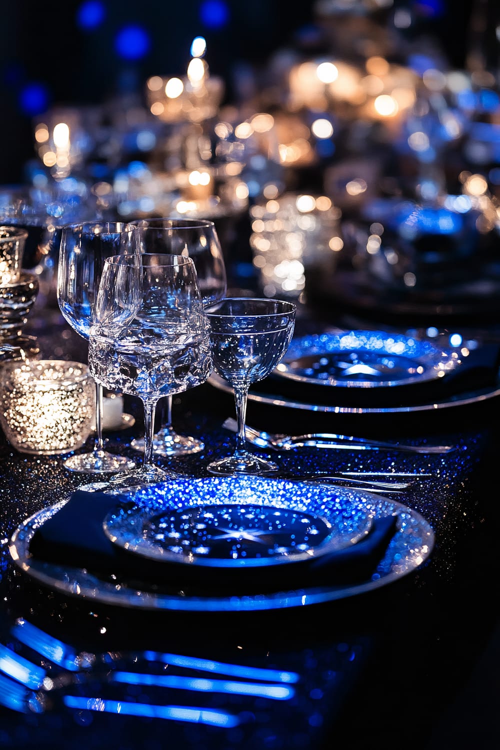 An elegant midnight Thanksgiving table setup featuring bold midnight blue and silver accents. The table is adorned with a shimmering tablecloth and reflective glassware, with star-inspired centerpieces and dramatic uplighting creating a celestial ambiance. Plates and napkins are neatly arranged with a silver fork and knife placed on either side.