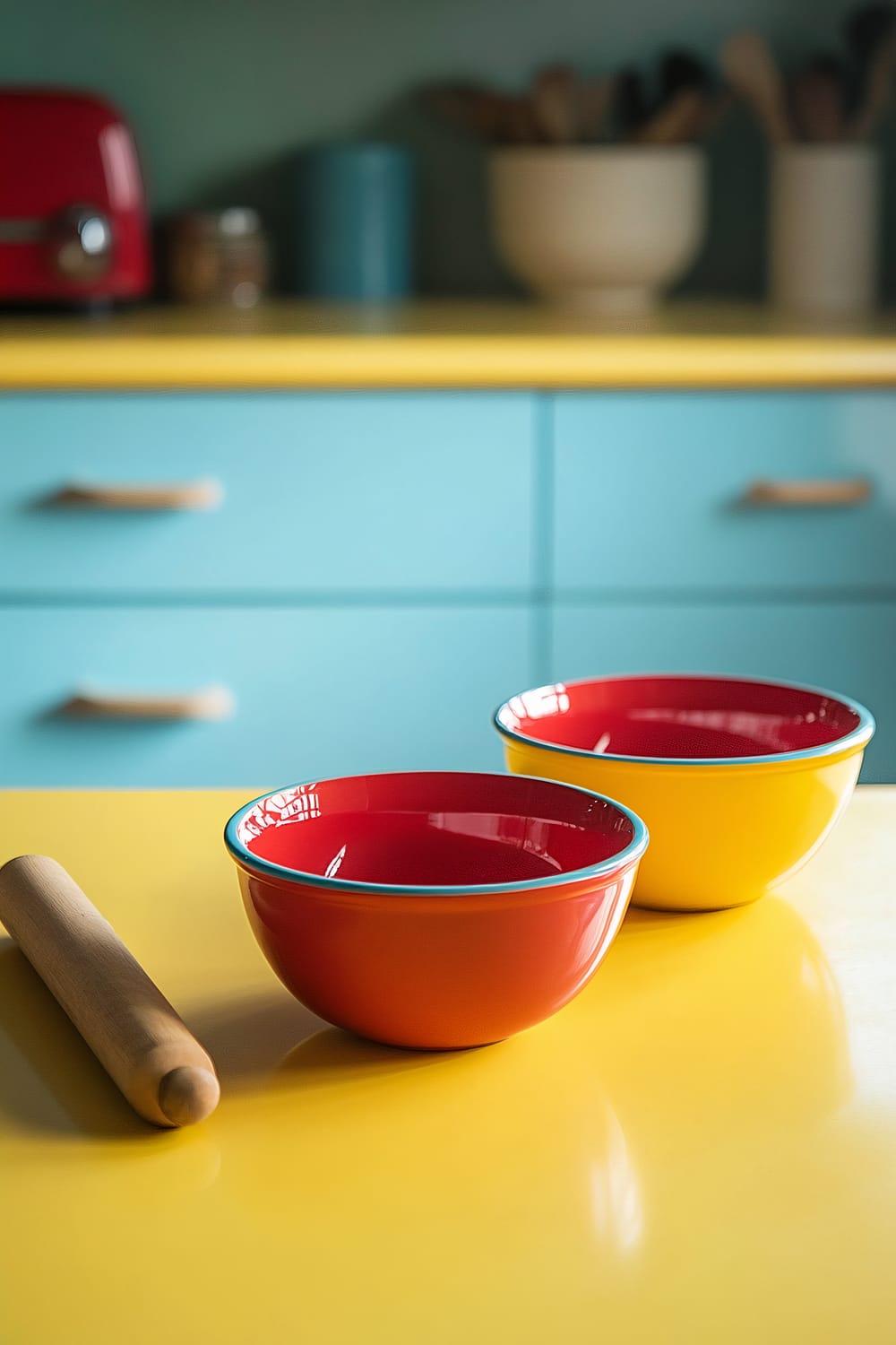 Wide angle view of a retro kitchen baking area with a bright yellow countertop featuring two mixing bowls, one red and one yellow, alongside a vintage rolling pin, all bathed in strong natural light. In the background, there are light blue cabinets, a red toaster, and various kitchen utensils in jars, emphasizing an uncluttered yet creative workspace.