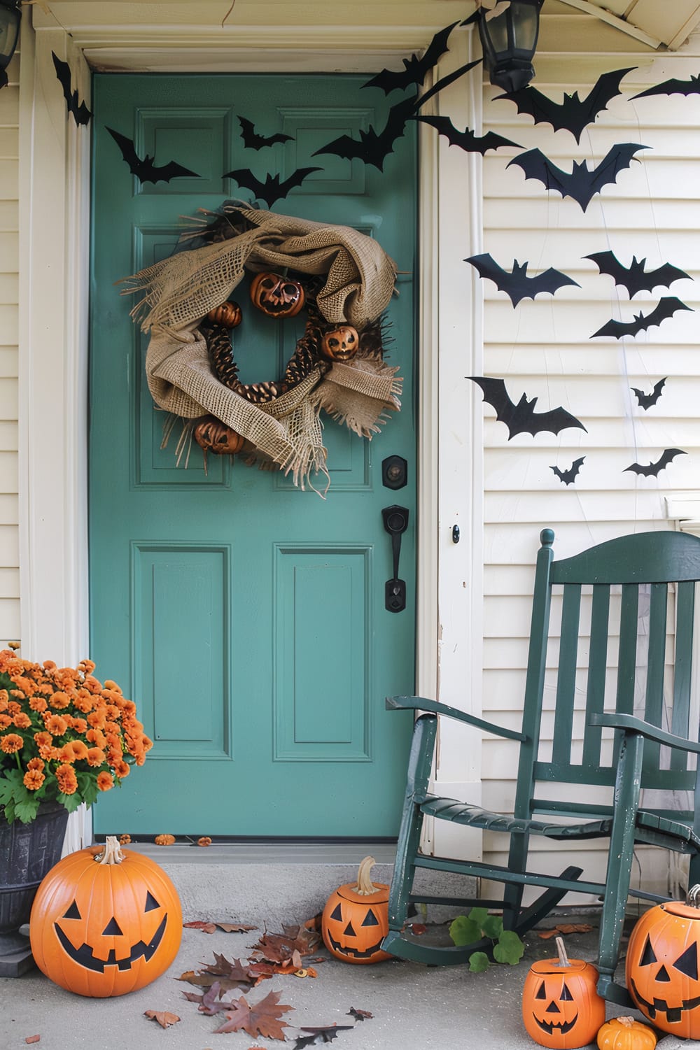 A front door decorated for Halloween. The door is painted teal and has a wreath made of burlap and small pumpkins. Black paper bats are affixed around the door, and two lanterns hang from the porch ceiling. There are carved pumpkins on the doorstep, and a green wooden rocking chair is positioned to the right. A pot of orange flowers is also placed near the door.