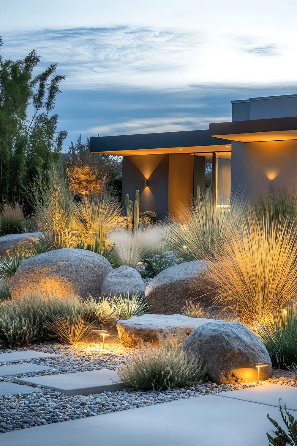 A modern front yard at sunset featuring a sculptural rock garden, lush, tall ornamental grasses and drought-resistant plants swaying in the evening breeze. A pathway lit with warm-toned lights meanders through the yard, inviting one to explore further.