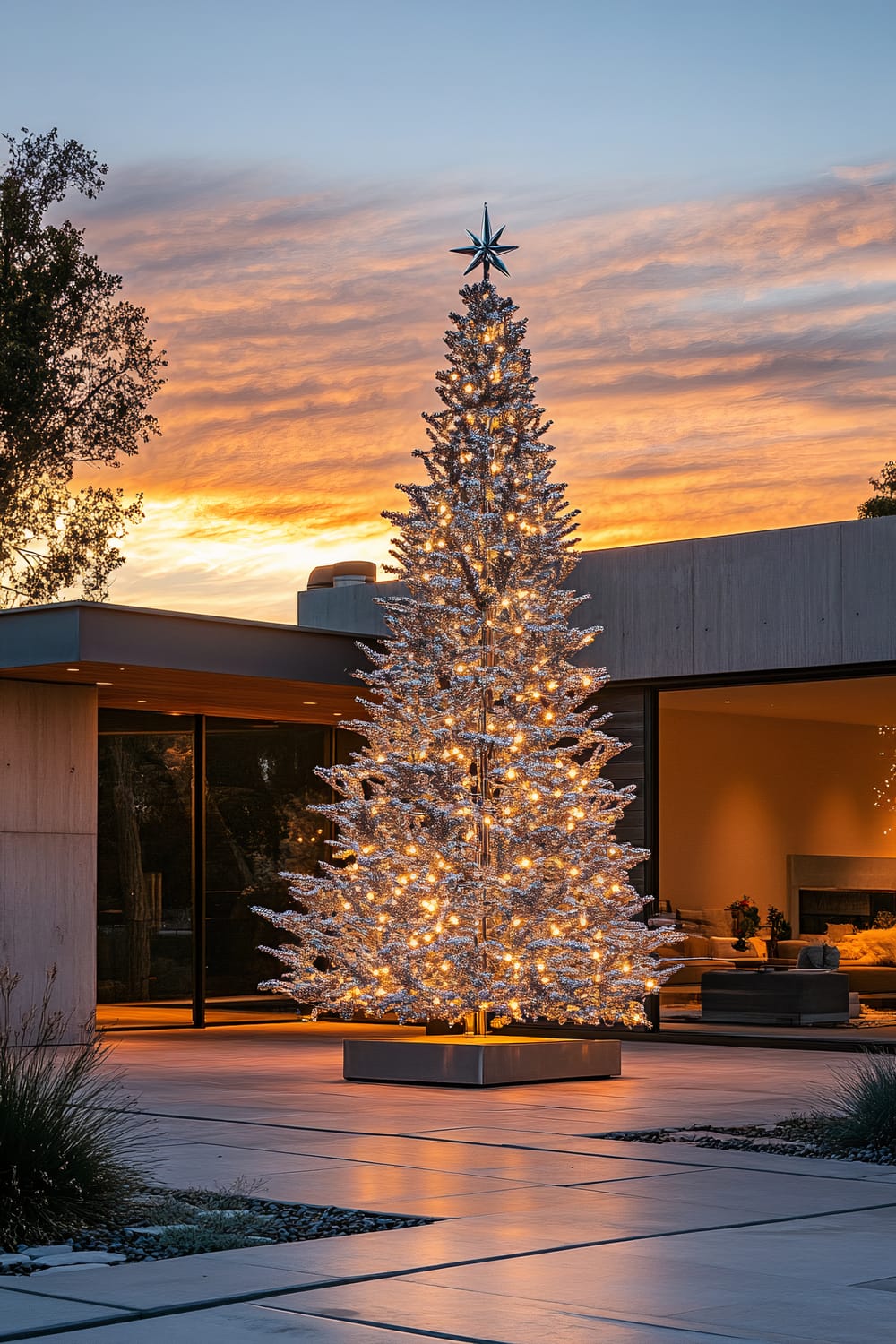 A sleek, minimalist outdoor Christmas tree decorated with monochromatic silver and white lights stands tall on a contemporary home’s patio area. The tree, illuminated against a soft sunset sky, has a star-shaped topper and is surrounded by uncluttered modern architecture.