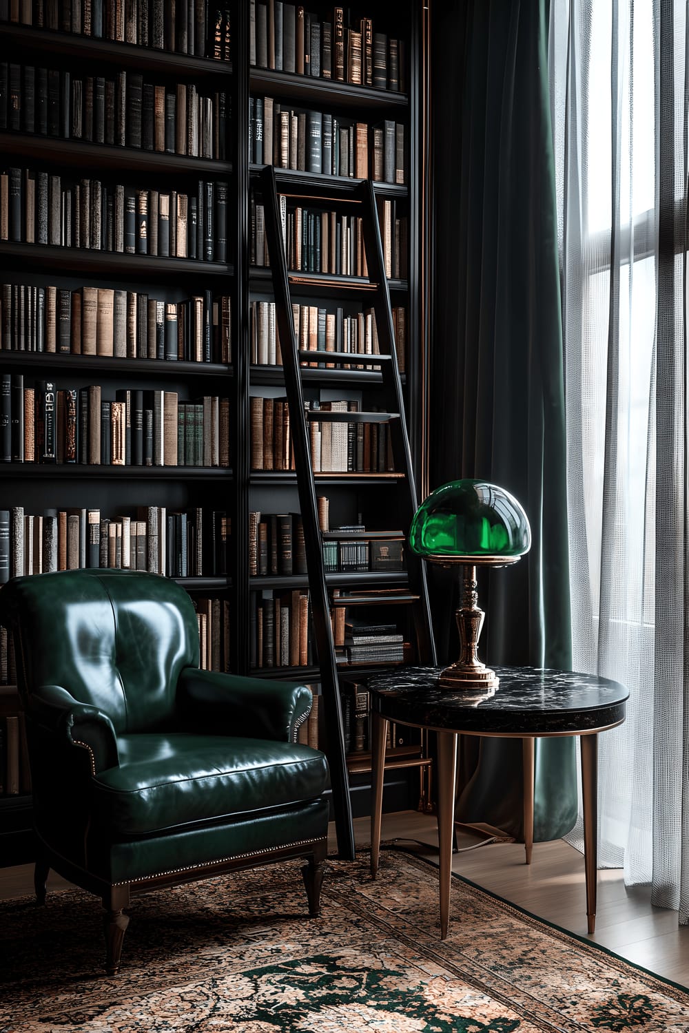 A sophisticated home library in Milan featuring towering dark wood bookshelves filled with books, a green leather armchair next to a black marble side table with a vintage brass lamp, a large window draped with heavy velvet curtains, and a Persian-style area rug adding warmth to the room.