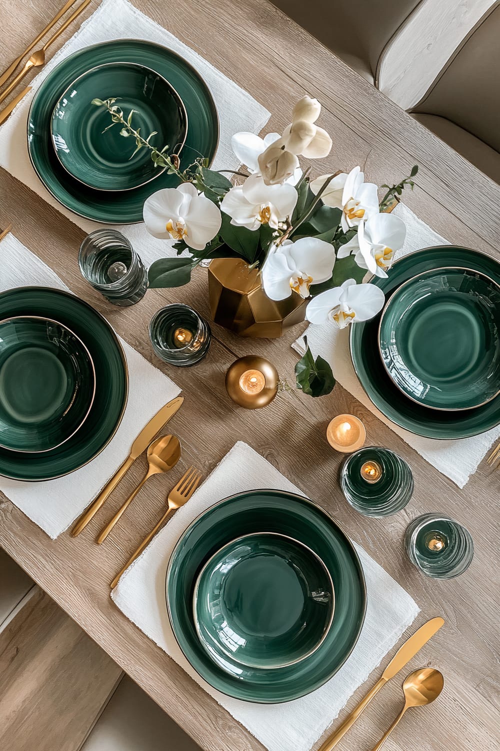 A top-down view of an elegant Thanksgiving dinner table set with green ceramic plates and gold flatware, alongside gold glassware. A gold geometric vase with white orchids and green foliage serves as the centerpiece. A white linen table runner with gold embroidery runs down the center, with gold candle holders adding ambient lighting. The table has a natural wood finish.