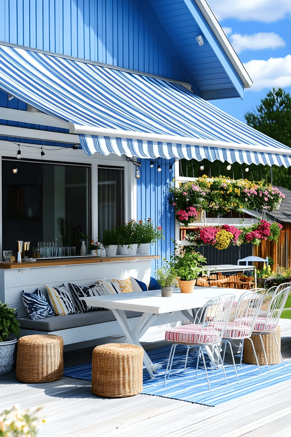 A vibrant backyard featuring a dining area on a wooden deck, with a white table and four metal chairs. Against the backdrop of a blue house is a built-in bar area under a striped blue-and-white awning, furnished with wicker stools. Dotted across the setup are colorful flower pots with a range of pinks, yellows, and greens, and there's a vertical garden on a white trellis. A cozy seating arrangement consists of a light gray sofa adorned with striped pillows, and woven ottomans over a blue-striped outdoor rug. String lights hang above, adding a warm glow to the scene.