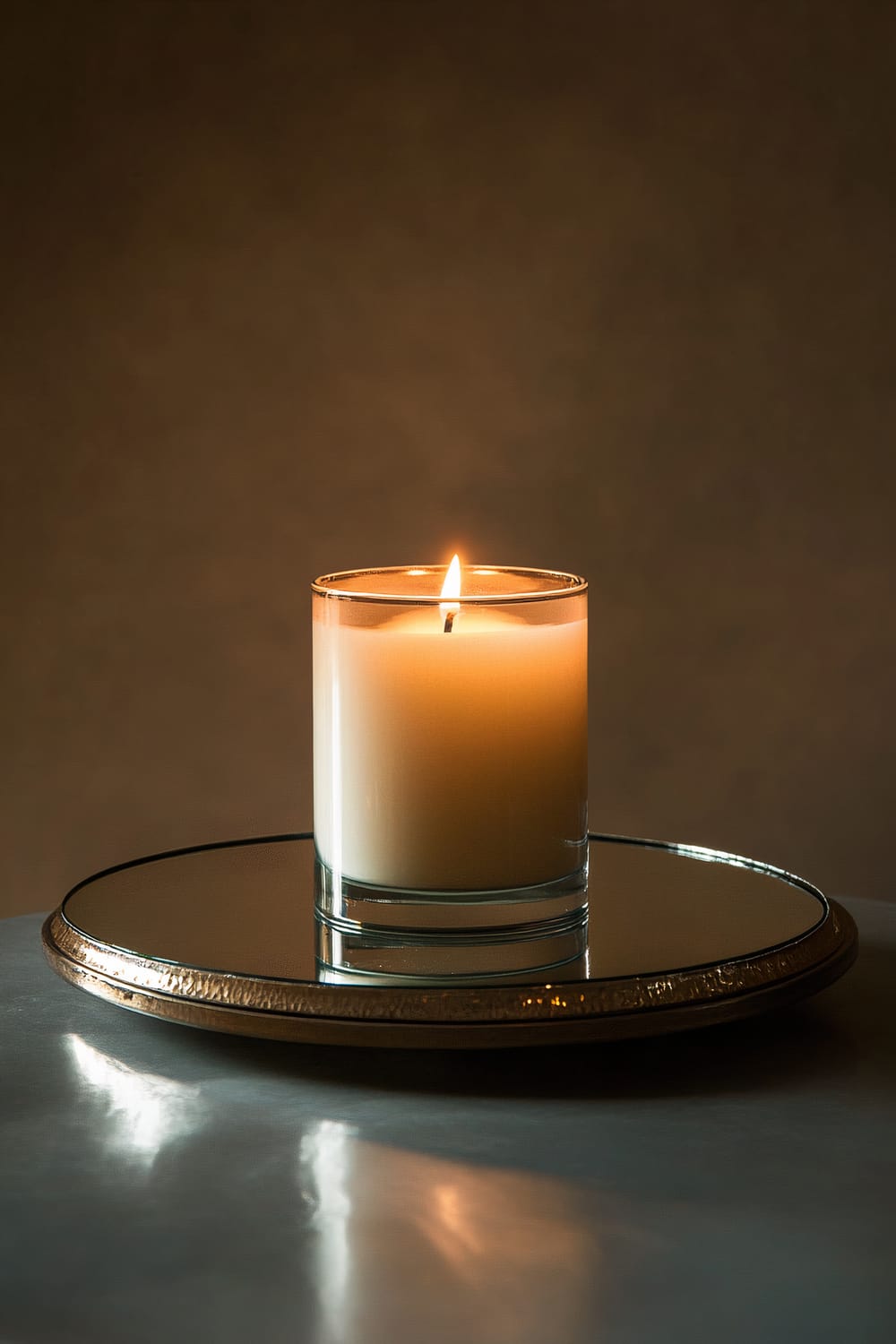 A single lit candle in a glass container placed on a circular mirror base. The scene is lit by a spotlight that reflects off the mirror, producing a soft, warm glow. The background is blurred, in a neutral tone, enhancing the elegant and minimalistic display.