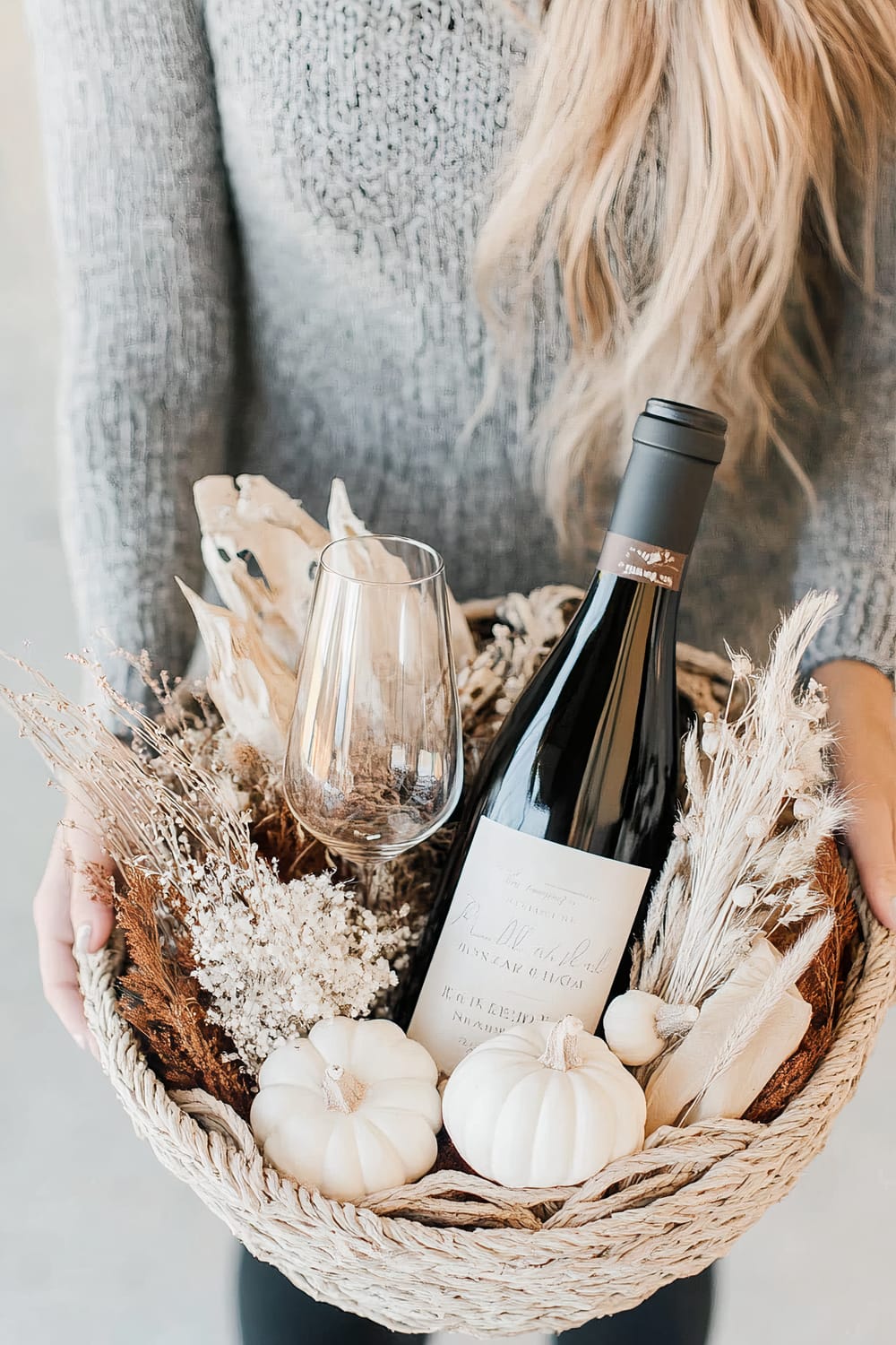 A woman's hands hold a round woven basket filled with autumnal decor and a bottle of red wine. Inside the basket, there are small white pumpkins, dried grasses, and delicate white flowers. A single wine glass is also placed neatly among the decorations. The woman is wearing a gray knitted sweater, and her long blonde hair is visible.