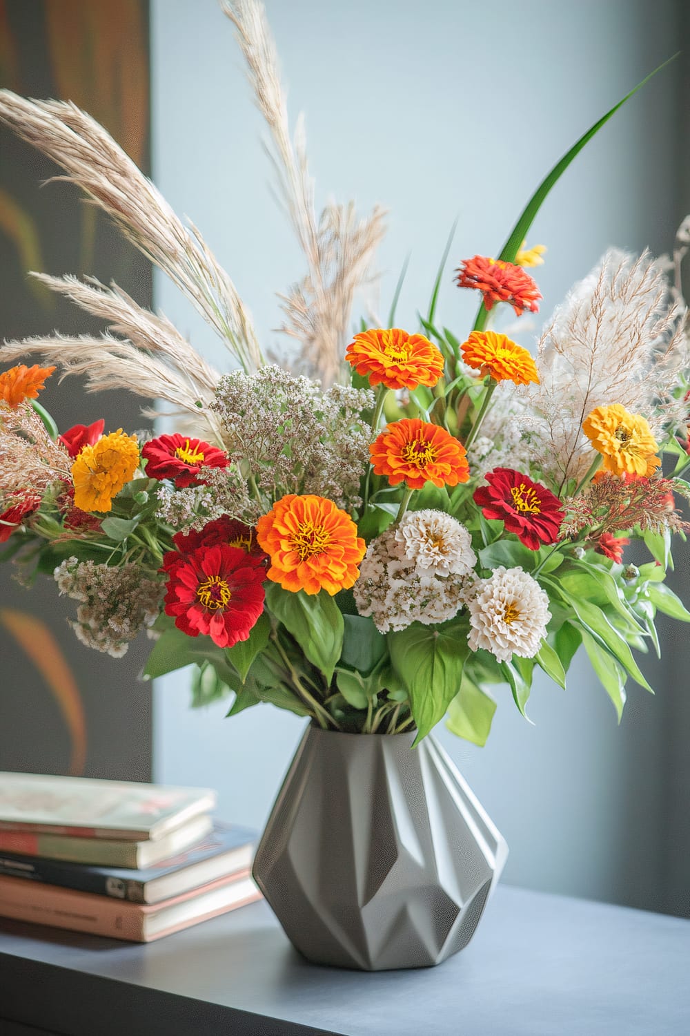 A geometric gray vase holds a vibrant arrangement of various flowers, including yellow, red, orange, and white blossoms. The bouquet is enhanced with green leaves and wispy dried grasses. The vase is placed on a dark-colored surface, beside a stack of books.