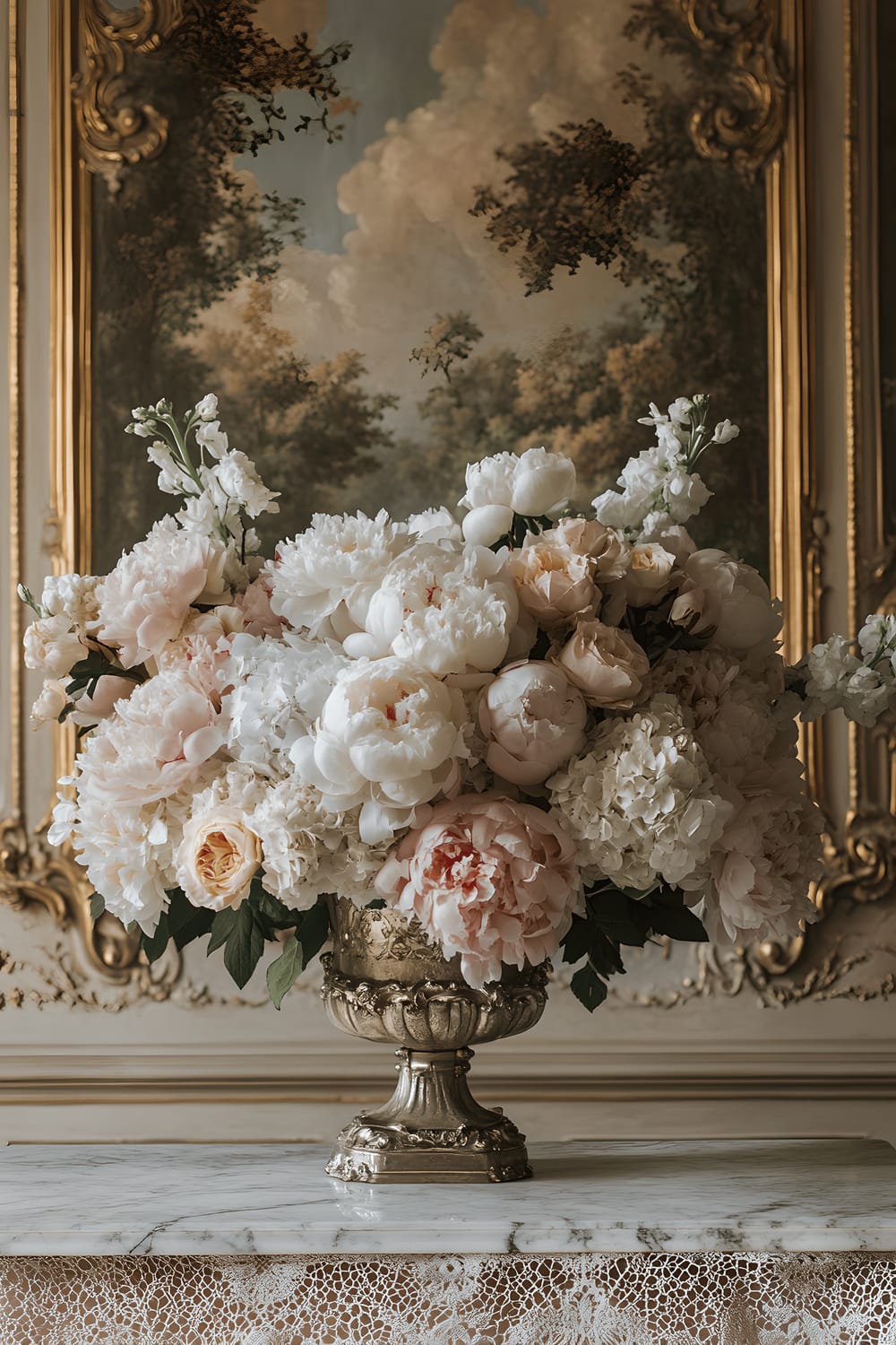 A luxurious floral centerpiece placed on a rustic marble table adorned with a lace runner. The centerpiece comprises pastel pink peonies, white hydrangeas, and roses dusted with gold, arranged in a gilded silver vase. This is set against the backdrop of a lavish Rococo mural with gold accents, under soft ambient lighting.