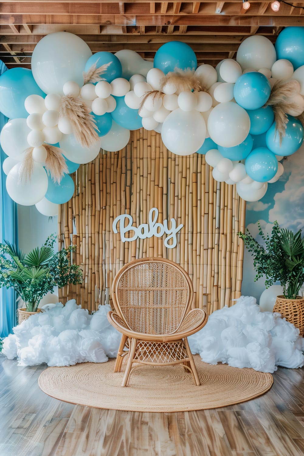 A baby shower setup with a rattan chair placed on a circular woven rug. The backdrop consists of a bamboo wall with the word "Baby" in white script. Above, there is an arrangement of blue and white balloons interspersed with pampas grass. Potted plants flank both sides of the setup, and fluffy white cloud-like decorations are placed at the base of the bamboo wall.