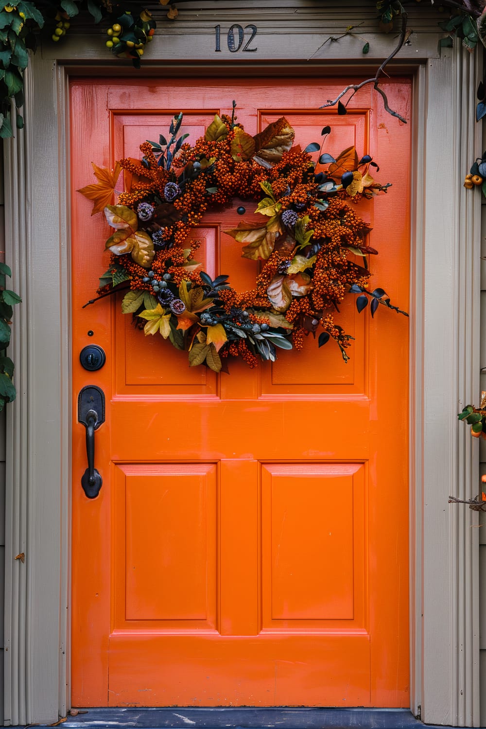 A vibrant orange front door decorated with an autumn-themed wreath made of berries, leaves, and pine cones. The door's frame is a light beige color, and it has a black handle and lock. The number "102" is fixed above the door. Green foliage and small yellow fruits hang around the door frame, adding to the autumn aesthetic.