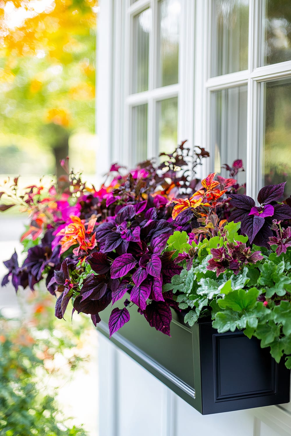 Close-up of a black window planter box attached to a white, multi-paned window. The planter is lush with vibrant foliage, featuring deep purple and green leaves interspersed with bright magenta and orange highlights. The background consists of a blurred outdoor environment, showcasing green and yellow foliage, possibly indicating autumn.