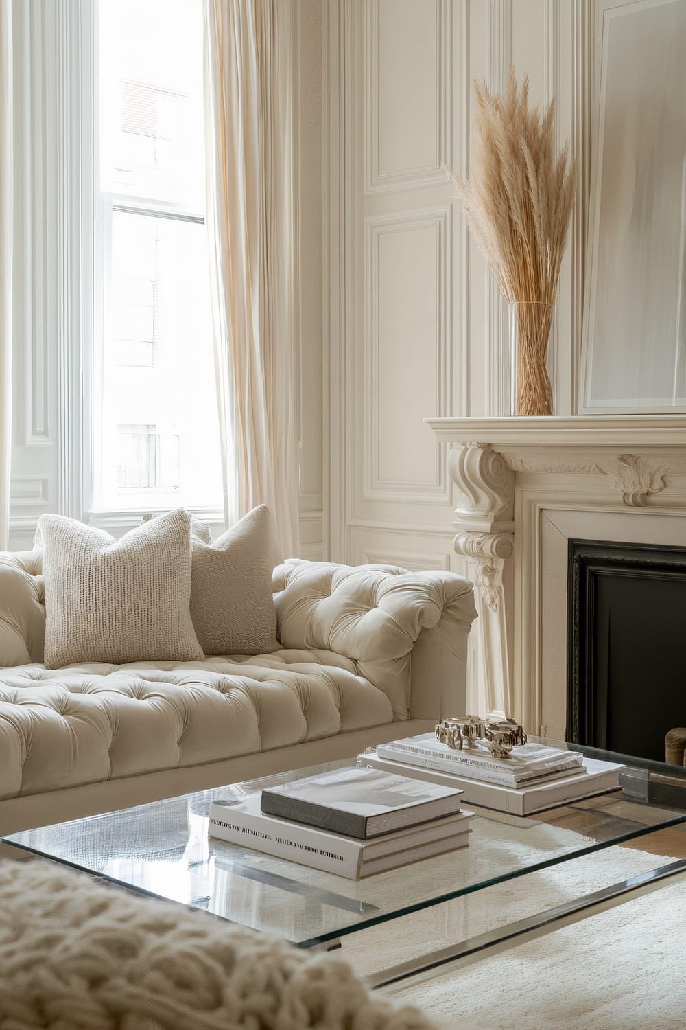 An elegant, cream-colored living room featuring a tufted sofa with textured pillows, a refined mantelpiece with decorative molding, and a modern glass coffee table atop a plush rug. A large window with flowing curtains lets in natural light, highlighting the delicate, neutral color palette.