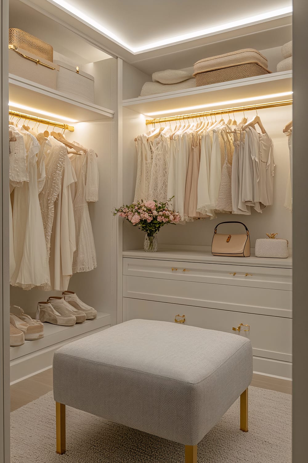 A small walk-in closet with built-in white cabinetry and gold hardware. Clothes hang neatly on brass rods, while shelves display handbags, shoes, and folded blankets. The design includes a plush, gray ottoman at the center on a light wool rug. A vase with fresh flowers sits on one of the shelves.