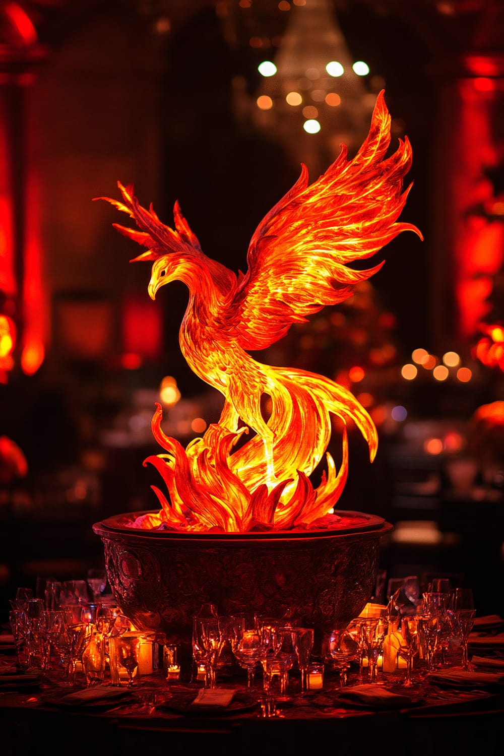 A grand centerpiece featuring a large, fiery phoenix sculpture rising dramatically from an intricately designed cauldron. The sculpture is illuminated by intense red and orange backlighting. The surrounding area is set for a formal dining event, with an array of glasses and candles arranged on the table. The background is warmly lit in shades of red and orange, creating an enchanting ambiance.