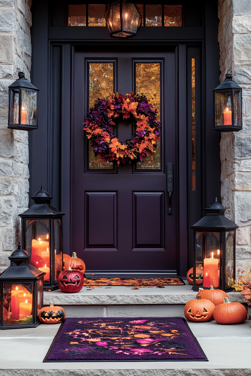 A front porch decorated for Halloween with a dark purple front door adorned with an autumn wreath featuring orange and purple leaves. The porch is lit by lanterns holding candles, some of which are placed on the steps alongside carved pumpkins with illuminated faces exposing an inviting and festive ambiance.