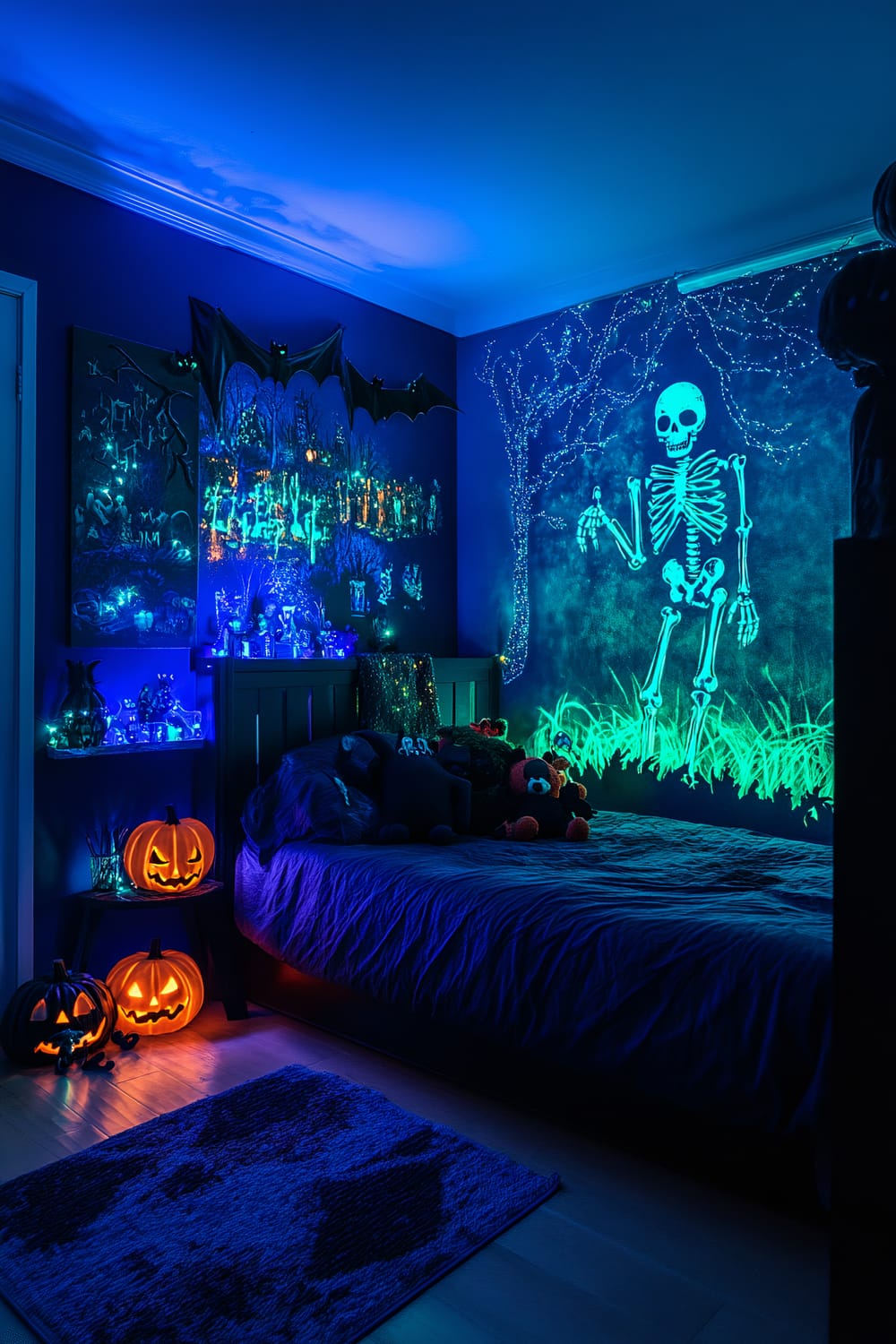 An interior shot of a Halloween-themed bedroom with dim, blue lighting. The walls are adorned with glowing neon artwork of a skeleton and other spooky scenes. Bats hang from the walls, and there are glowing jack-o'-lanterns on the floor and furniture. The bed has dark sheets and is strewn with plush toys, while shelves are decorated with various Halloween figurines.