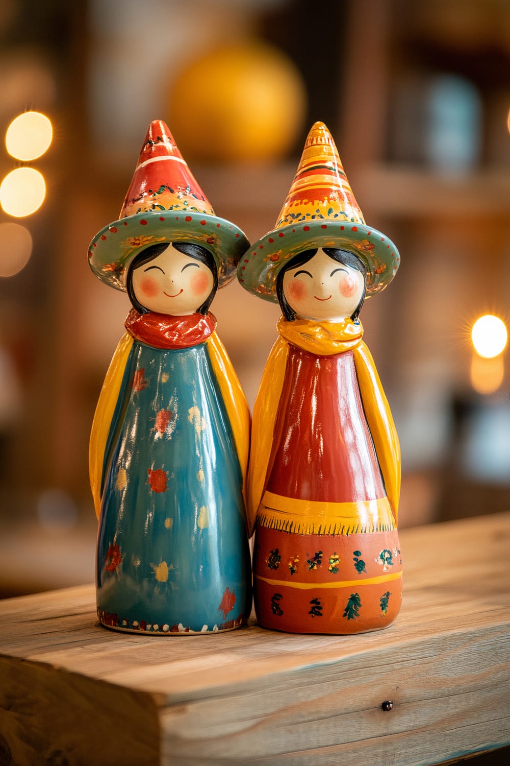 Two vibrant ceramic figurines inspired by traditional Mexican Christmas decorations, arranged on a reclaimed wood shelf. The figures, adorned with colorful hats and cloaks, stand close together, and warm ambient lighting enhances their vivid colors. The background features soft, out-of-focus lighting elements.