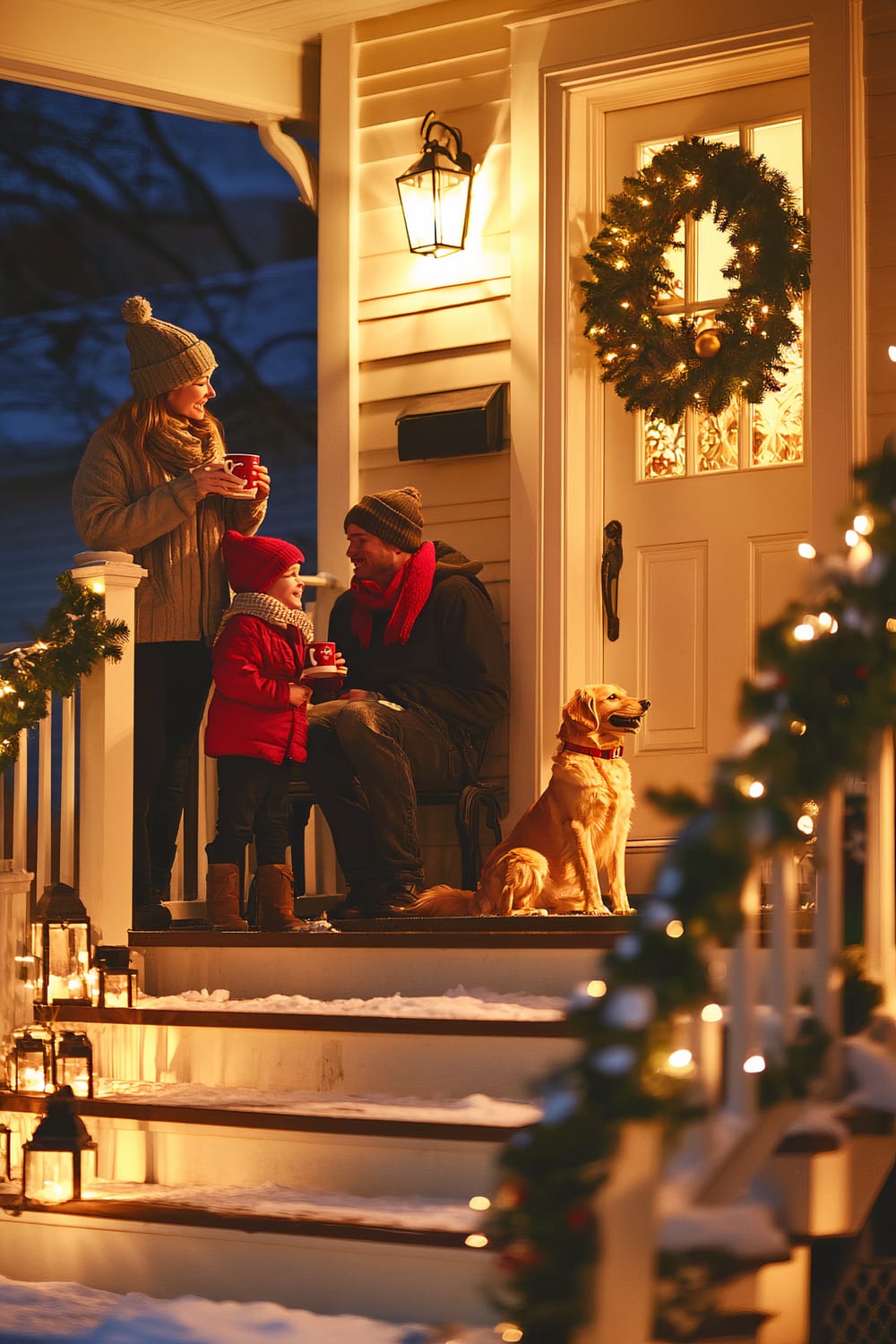 A festive Christmas porch scene featuring a family enjoying hot cocoa. The porch is decorated with a traditional evergreen wreath on the door and garlands wrapped around the railing. The parents stand by a bench while their young child, bundled in a red scarf and hat, stands nearby. Glowing lanterns line the snow-dusted steps, and a golden retriever sits contentedly at their feet.