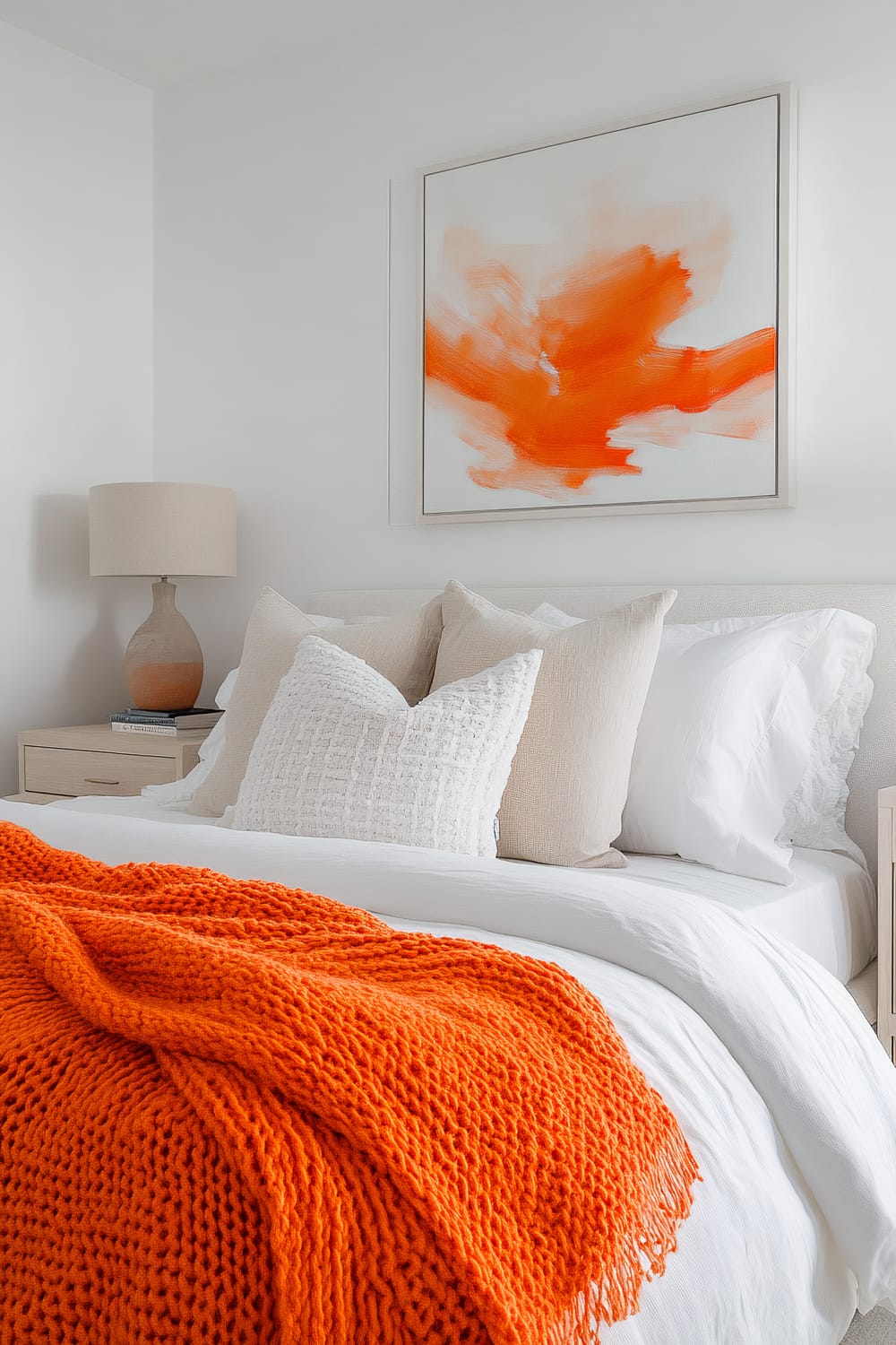 An interior bedroom with a neutral color palette, featuring a white bed with beige and white throw pillows. An orange knit blanket is draped over the bed. A nightstand with a beige lamp and a stack of books sits beside the bed. Above the bed hangs a vibrant abstract painting with orange and white hues.