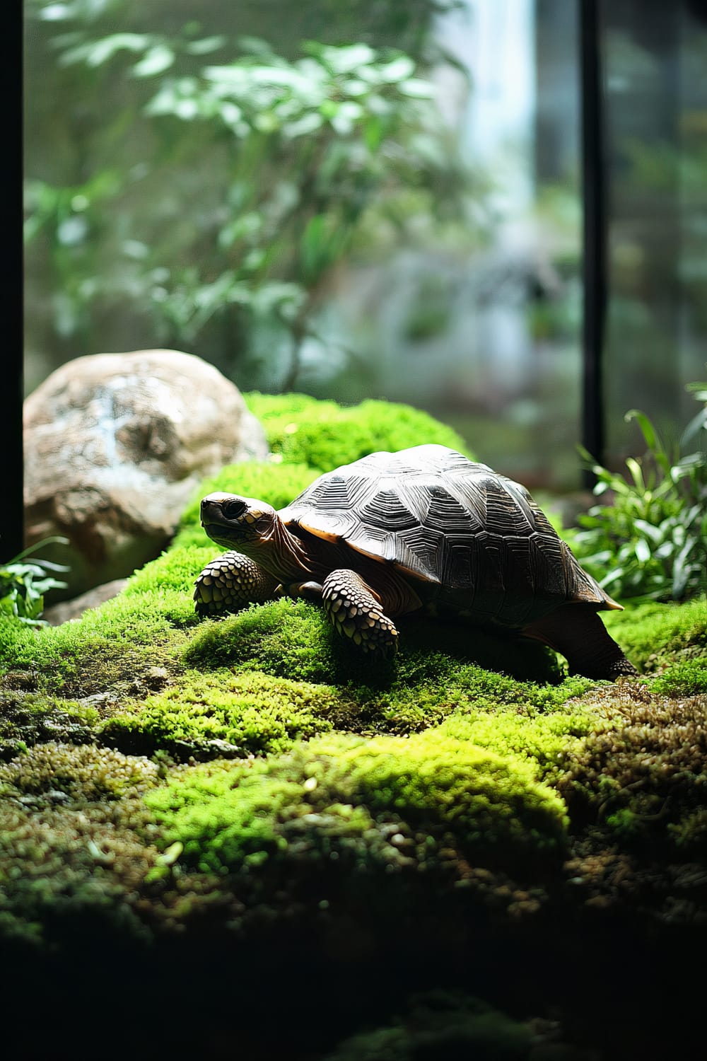 A tortoise is shown in its habitat, which features lush, bright green moss. Behind the tortoise, there is a large rock and other vegetation, creating a natural environment. The background is slightly blurred, emphasizing the tortoise and its immediate surroundings.