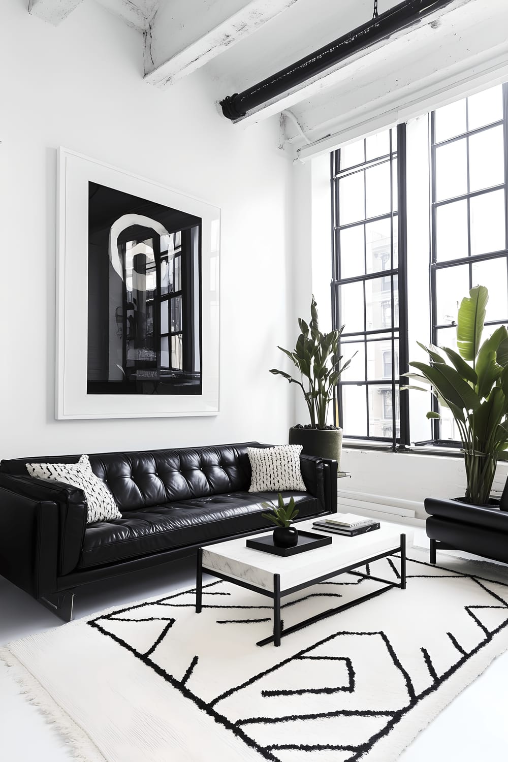 A stylish Soho apartment featuring a tasteful mix of stark blacks and whites. The apartment is furnished with a black leather sofa and a contrasting white geometric rug. Large industrial-style windows allow a generous amount of light into space, and the contrasting black and white abstract art piece hanging on the wall draws the eye. The decor is minimalist with discrete metallic accents throughout the room, enhancing the urban chic vibe.