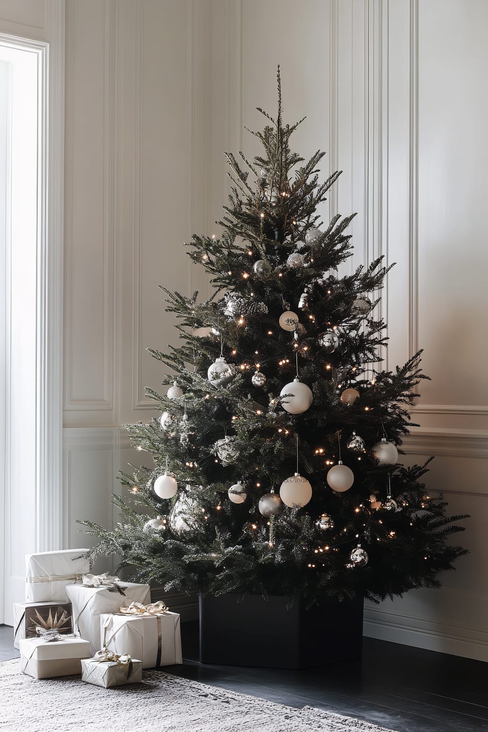 A beautifully decorated Christmas tree with white and silver ornaments and warm white lights, set in a matte black stand. The tree is placed in a room with white paneled walls and dark hardwood floors. Several white wrapped gifts with silver ribbons are arranged under the tree.