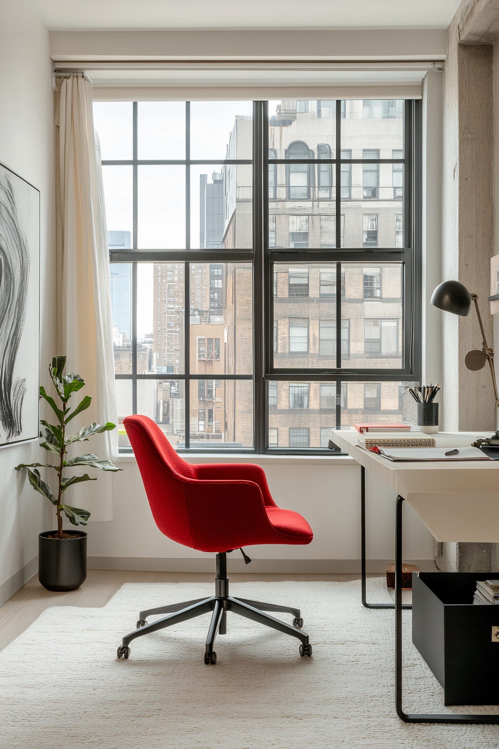 A modern home office with a large window showcasing a cityscape view. The room features a red swivel chair on a white rug, a sleek desk with books and a lamp, a potted plant, and a large framed pencil drawing of a face on the wall.