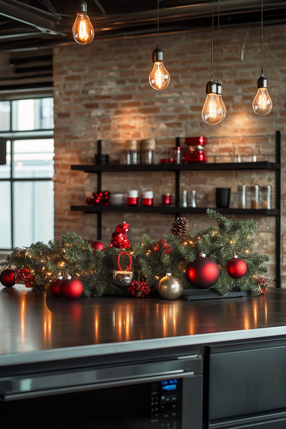 A spacious industrial-style kitchen loft decorated for Christmas, featuring exposed brick walls, a stainless steel countertop with a centerpiece of greenery, red and gold ornaments, and dramatic overhead lighting with Edison bulbs.