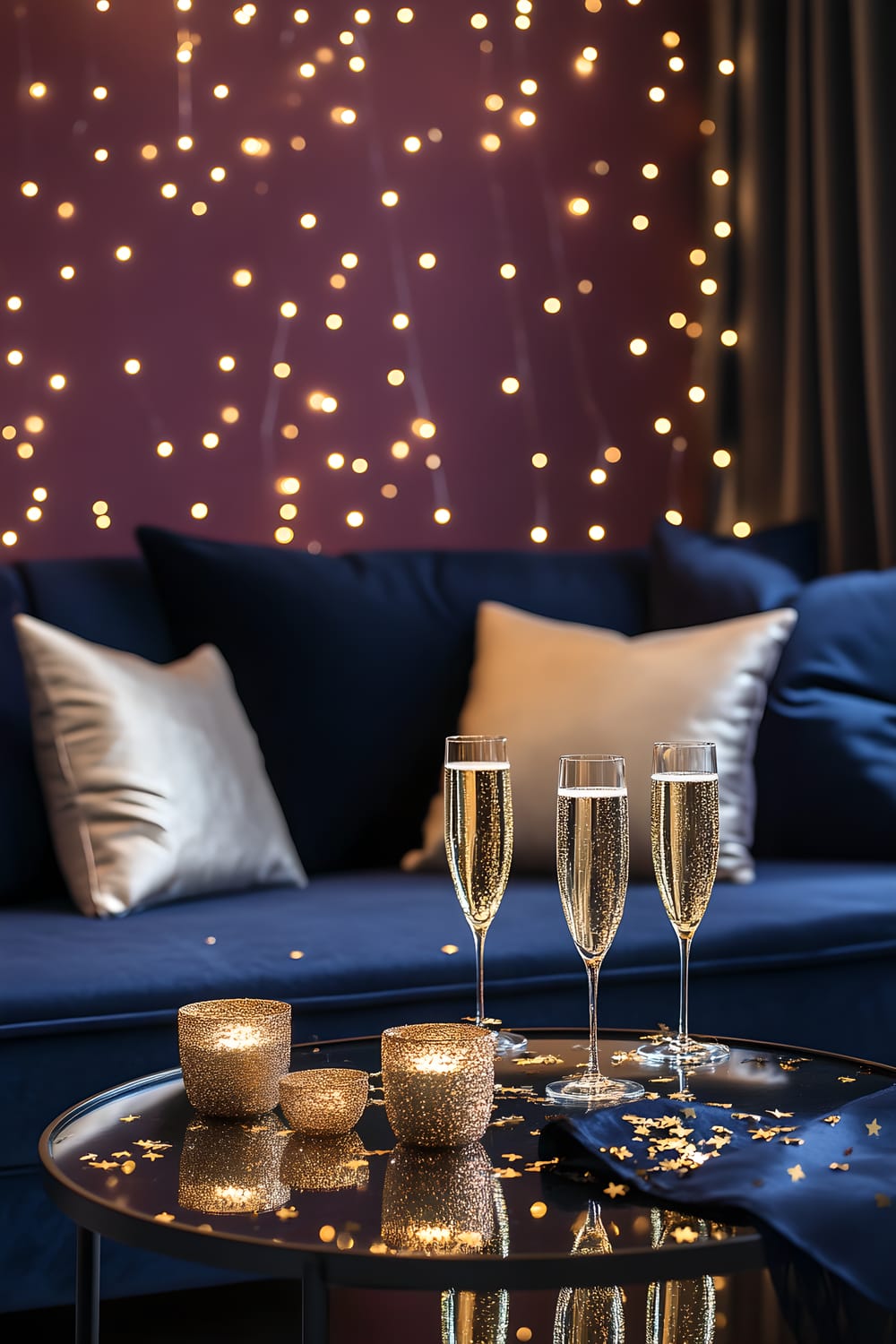 A spacious living room arranged for a New Year's Eve celebration. Centerstage is a plush navy blue velvet sofa adorned with three large gold sequin throw pillows. A mirrored black coffee table stands in front of the sofa, sporting five gold-rimmed champagne flutes filled with bubbly and ten pieces of gold confetti strewn about. Above, warm white fairy lights hang against a deep burgundy accent wall, their twinkles adding a magical touch to the room. On one side, a tall gold candlestick holder showcasing two white pillar candles adds a sophisticated aura. Soft lighting fills the room, creating an amiable atmosphere.