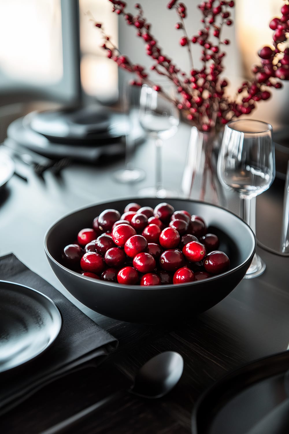 A sophisticated dining table featuring a large black bowl filled with glossy red cherries as the centerpiece. The table setting includes black plates, black cutlery, and black napkins. Behind the bowl of cherries, a glass vase holds branches with red berries. Empty wine glasses are placed alongside the elegant table setting.