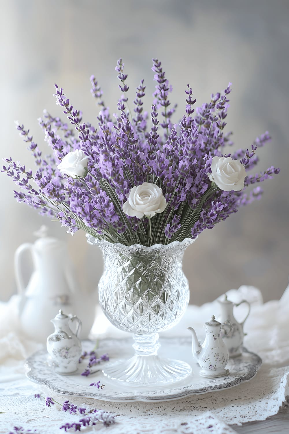 An elegant centerpiece on a kitchen table featuring a crystal vase containing a bouquet of lavender stems and white roses, surrounded by a delicate lace runner and small porcelain figurines. The whole arrangement is placed on a beautiful white marble plate with subtle gray accents. The ambiance is soft, romantic, and sophisticated, reminiscent of a Parisian café, under natural light that casts a soothing glow on the purple hues and intricate lace details.