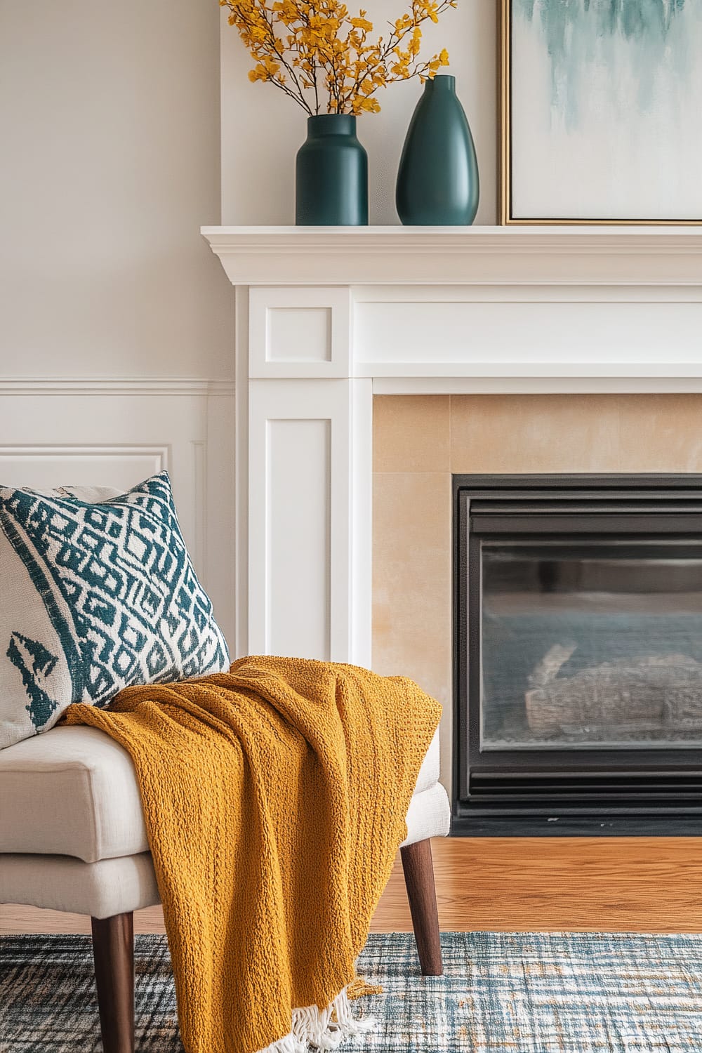 Elegant living room corner featuring a white mantle with intricate paneling details, a beige fireplace below, and a light beige chair placed nearby. The chair is adorned with a large geometric-patterned pillow in shades of white, blue, and green, and draped with a mustard yellow knit throw. Above the mantle, two teal vases, one cylindrical and one teardrop-shaped, contain vibrant yellow flowers. There is also an abstract painting with green and white hues, mounted on the wall.