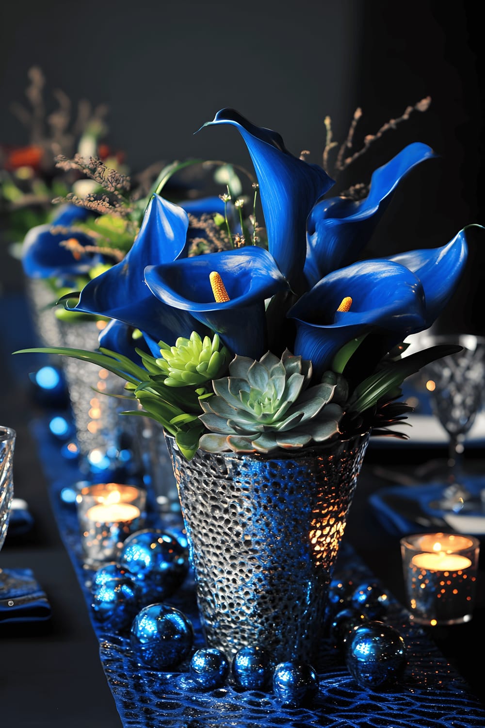 A detailed scene of an artistic centerpiece composed of aluminum elements holding cobalt blue calla lilies and succulents. Small aluminum candle holders, cobalt glass beads and metallic blue ribbon accentuate the arrangement. The centerpiece is presented on a charcoal gray table with an abstract-patterned runner. Dramatic side lighting illuminates and enhances the dynamic contrast between the shiny aluminum and the depth of the cobalt blue.