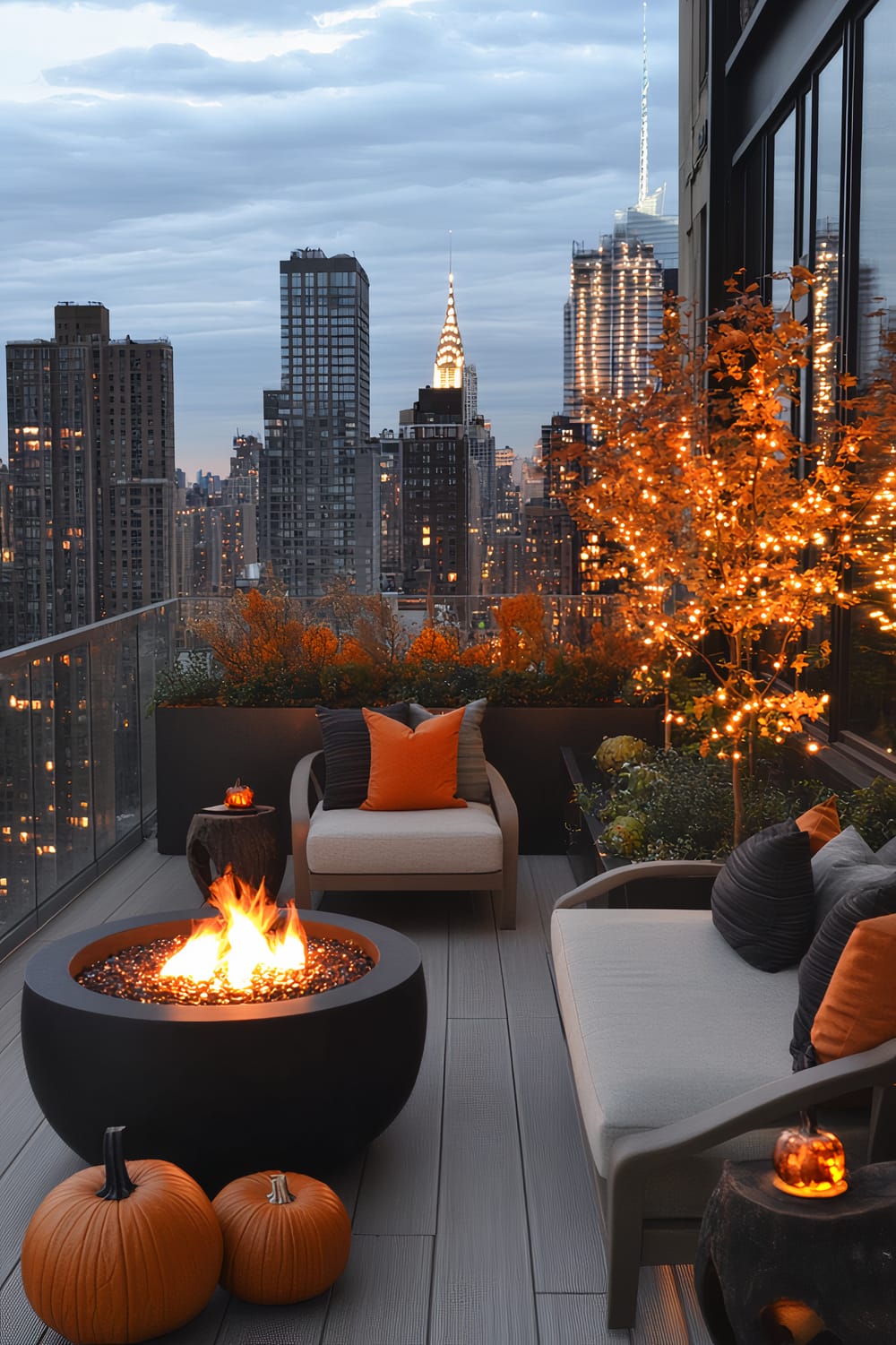 A stylish, urban balcony at dusk features a modern fire pit with a blazing fire in the center, surrounded by comfortable seating with gray cushions and vibrant orange and dark gray pillows. The balcony is adorned with fall-themed decor, including two orange pumpkins and a tree wrapped in warm string lights. Glass railings offer an unobstructed view of the city skyline, including iconic skyscrapers lit up against the cloudy evening sky. A mix of potted plants and a small side table enhance the cozy ambiance.