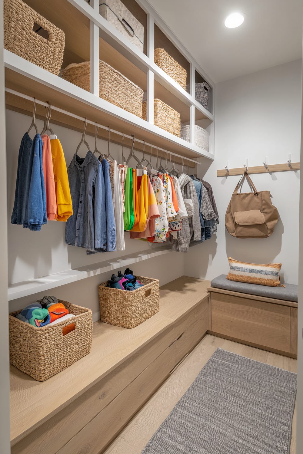 A modern, gender-neutral pre-teen closet featuring soft wood tones and white shelving. The closet includes open shelves with neutral-colored bins and baskets for storing accessories and shoes, mid-height rods with hanging clothes, and wall hooks for backpacks and jackets. A cushioned bench on one side doubles as seating and storage. A small rainbow decal and warm recessed lighting add character, while a gray rug enhances comfort and style.